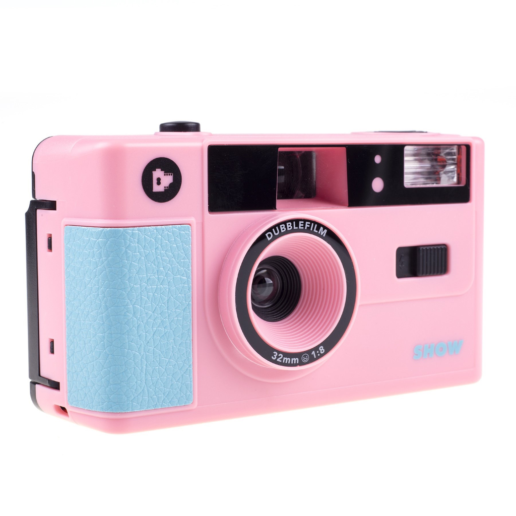 Dubblefilm SHOW 35mm Reusable Flash Camera with Case & Neck Strap - Pink Vintage Film Camera for Travel, Parties & Everyday Photography