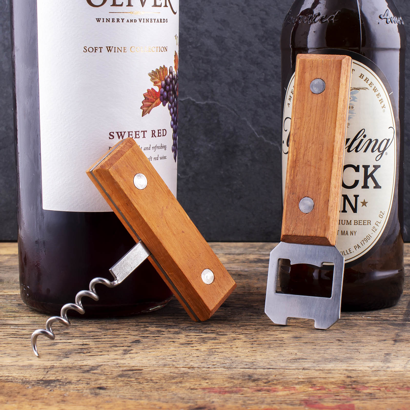 Premium Wooden Corkscrew Bottle Opener - Rustic Wine & Beer Bottle Opener for Home, Bar, Picnic & Outdoor Use