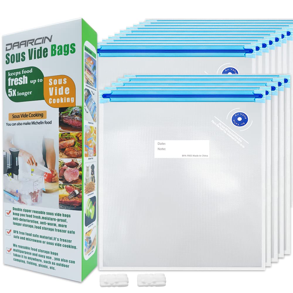 Daarcin 15-Pack Reusable Vacuum Sealer Bags - BPA Free Sous Vide Bags 10.2x11in (26x28cm) for Food Preservation with 2 Sealing Clips | Perfect for Meal Prep, Sous Vide Cooking & Freezer Storage