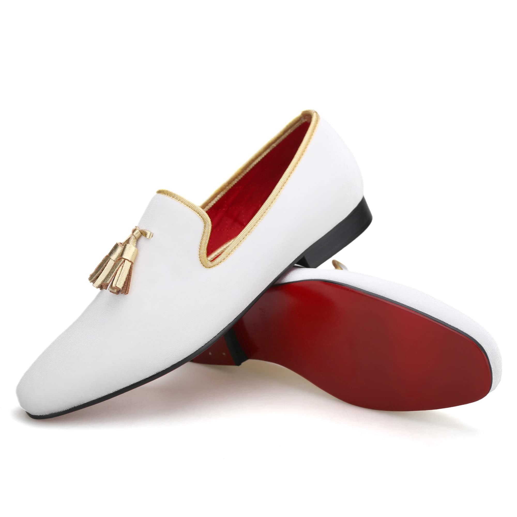 FERUCCI Men's White Velvet Loafers with Gold Tassel - Square Toe Formal Slippers for Wedding, Prom & Special Occasions - Comfortable Dress Shoes for Evening Events & Parties