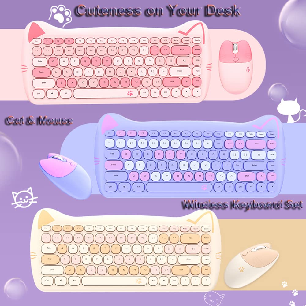 Wireless Mouse and Keyboard Combo - 2.4G Cordless Cat Design Mouse & Keyboard Set with USB Receiver for Laptop, PC, MAC (Milk Tea Brown) - Perfect for Office, Home, Gaming & Gift Giving