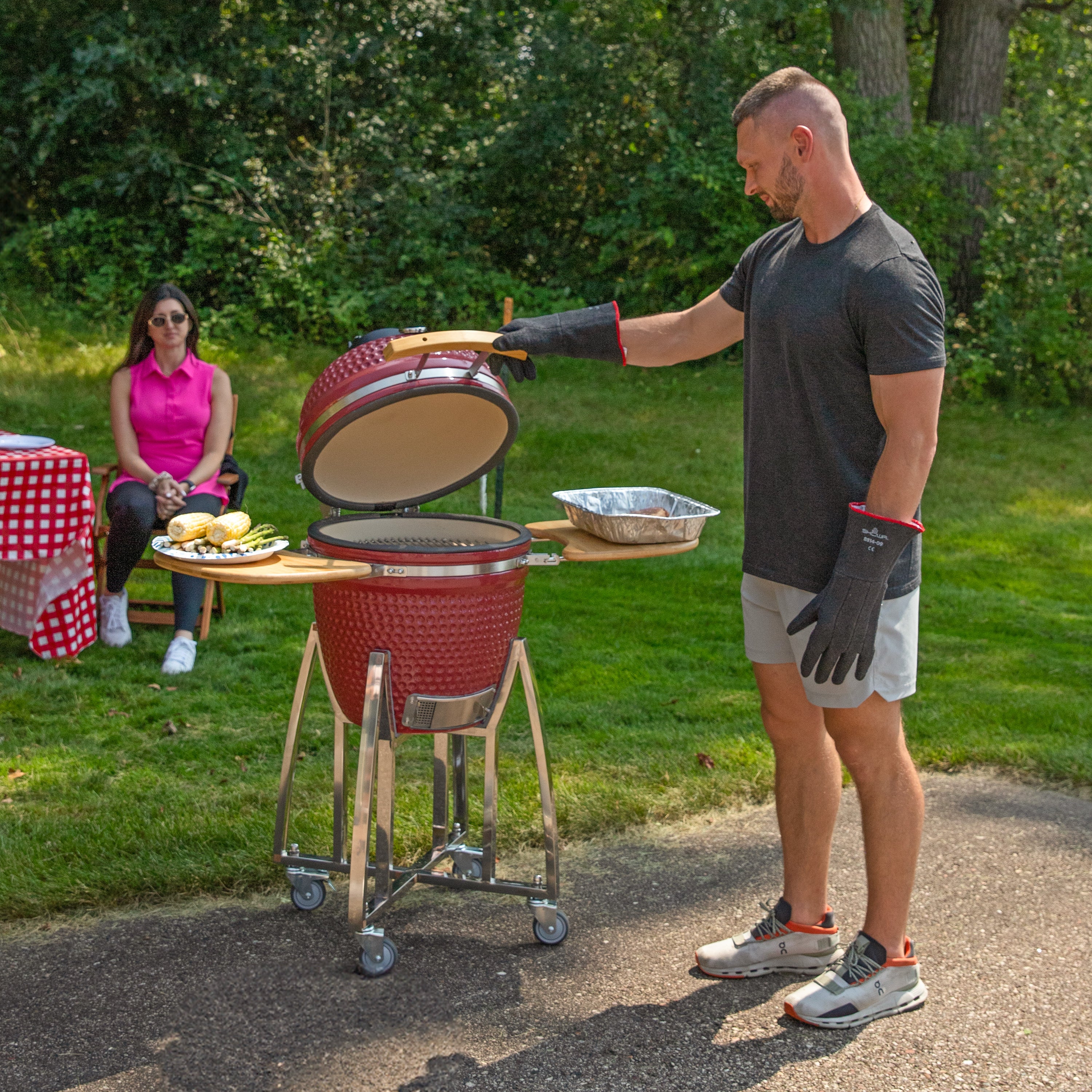 Premium Kamado Charcoal Grill & Smoker with Side Shelves & Wheels - Outdoor BBQ, Smoking, Grilling for Backyard, Patio & Camping