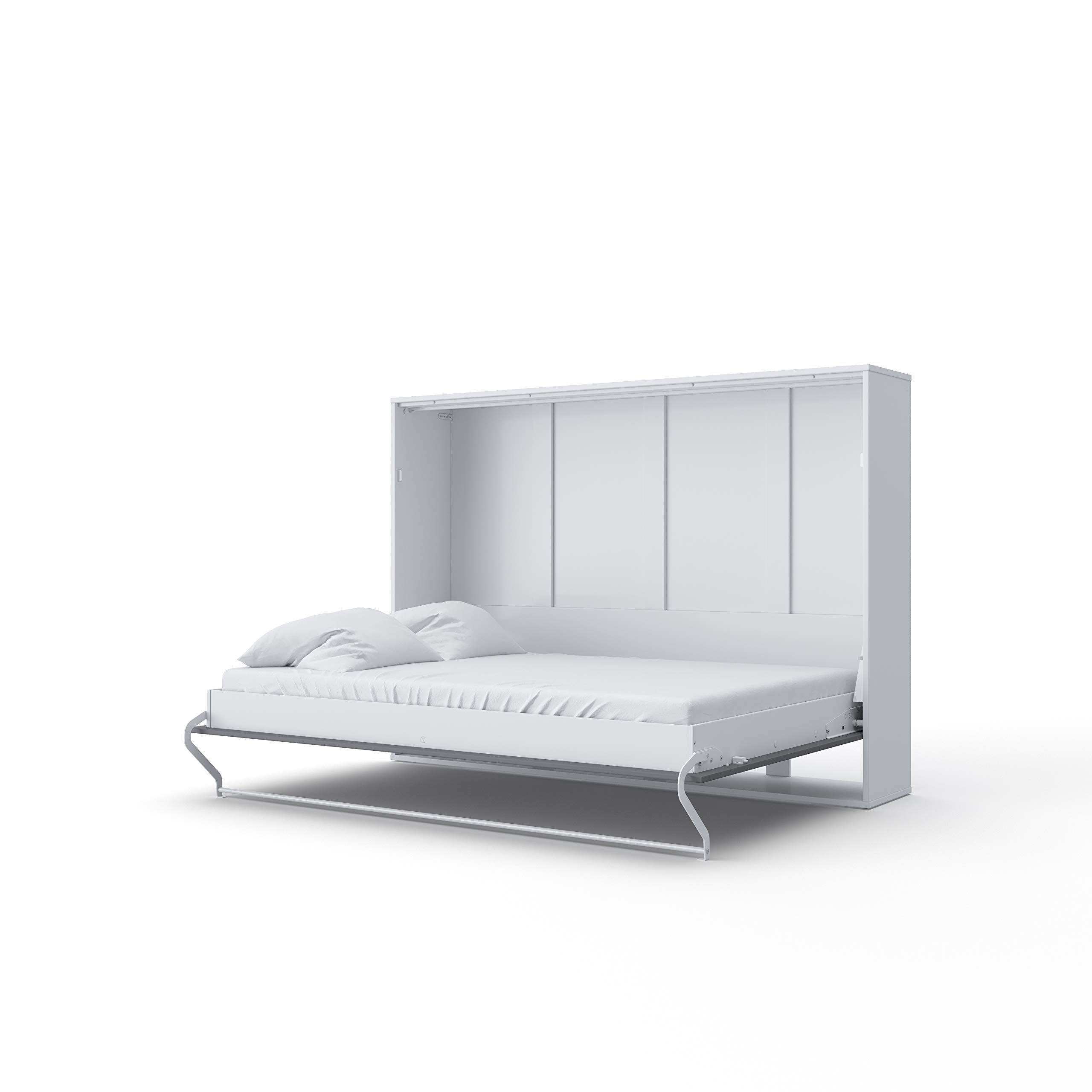 Horizontal Wall Bed with Mattress - European Queen Size with Top Cabinet (White/Grey) | Space-Saving Murphy Bed for Small Apartments, Guest Rooms & Home Offices