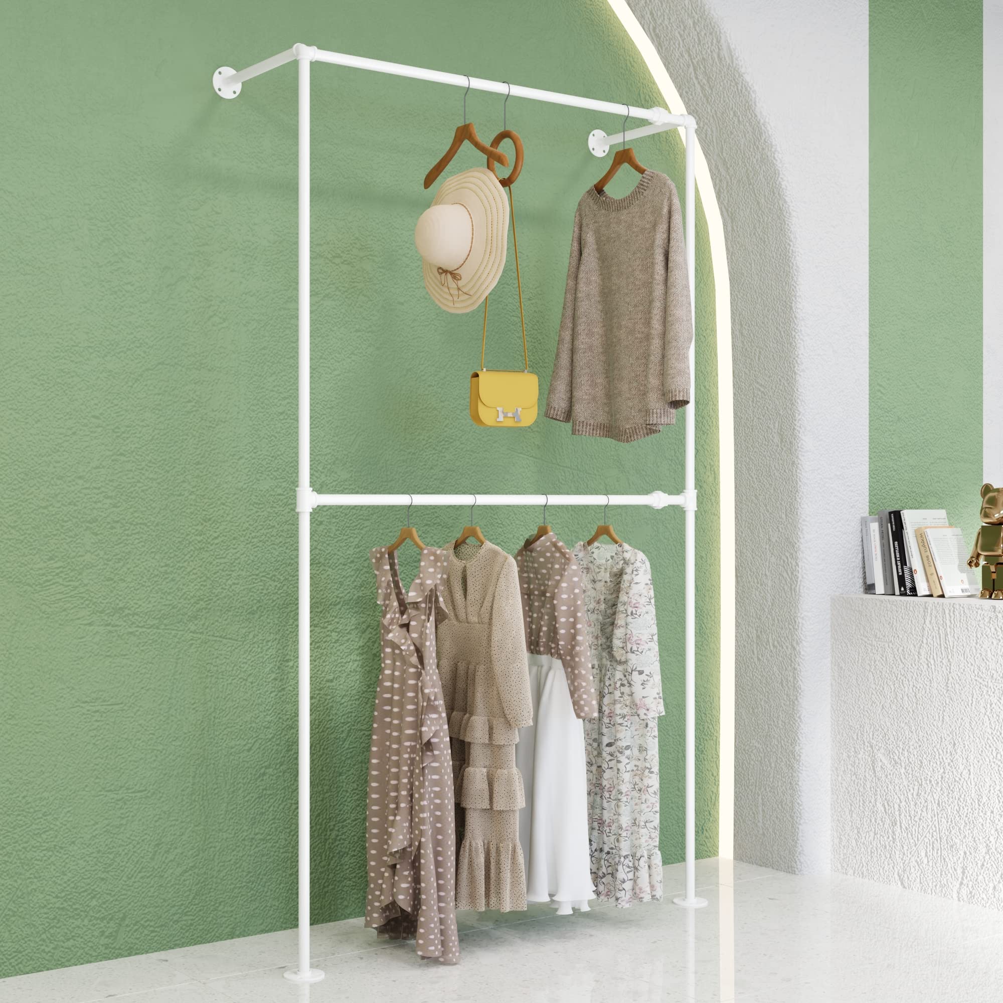 Vintage Industrial Pipe Clothing Rack - Wall Mounted Metal Garment Rack with 2-Tier Deluxe Design for Hanging Clothes | Perfect for Retail Stores, Boutiques, and Home Closet Organization