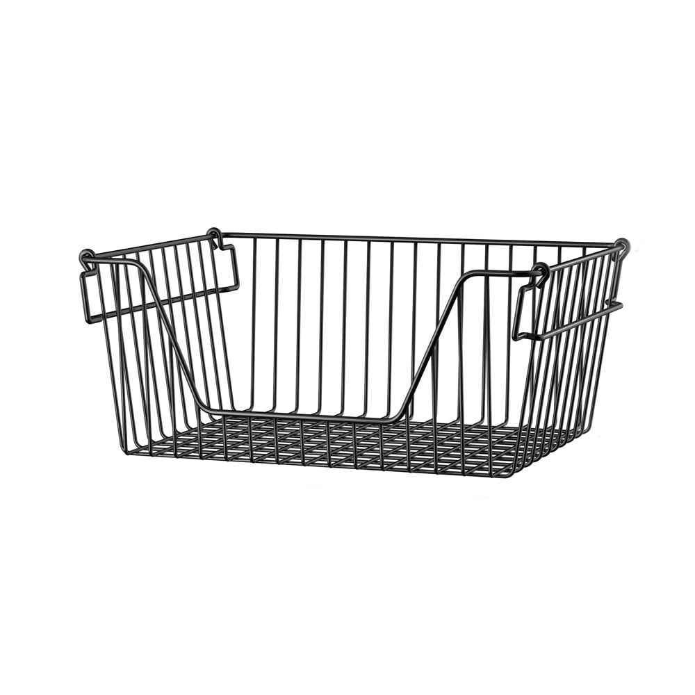 SANNO 6-Pack Stackable Wire Baskets - Black Organizing Bins for Vegetables, Pantry, Fridge & Bathroom Storage - Space-Saving Home & Kitchen Organization Solution