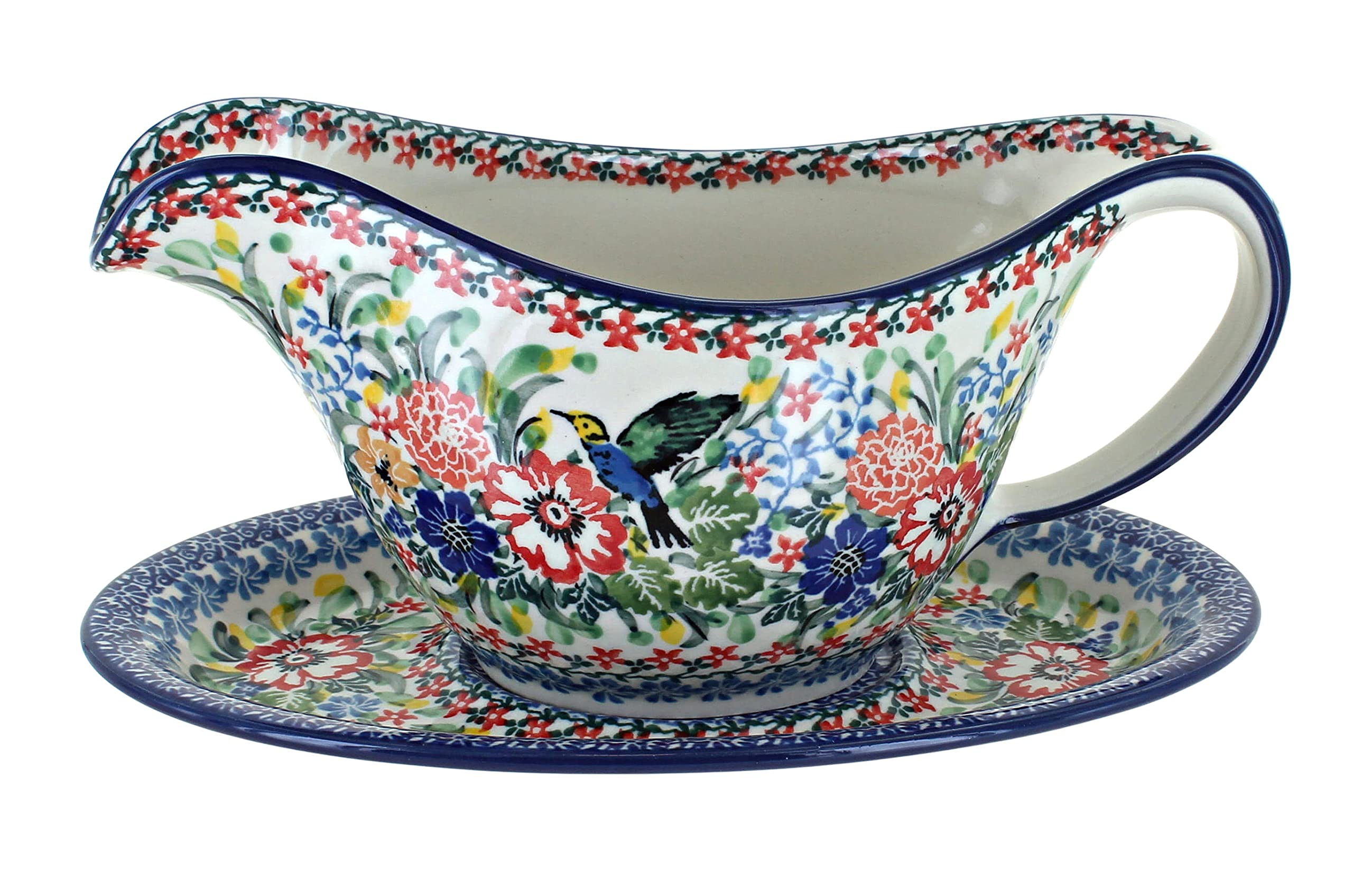 Handmade Blue Rose Polish Pottery Hummingbird Gravy Boat with Serving Plate - Elegant Dinnerware for Holiday Entertaining & Special Occasions