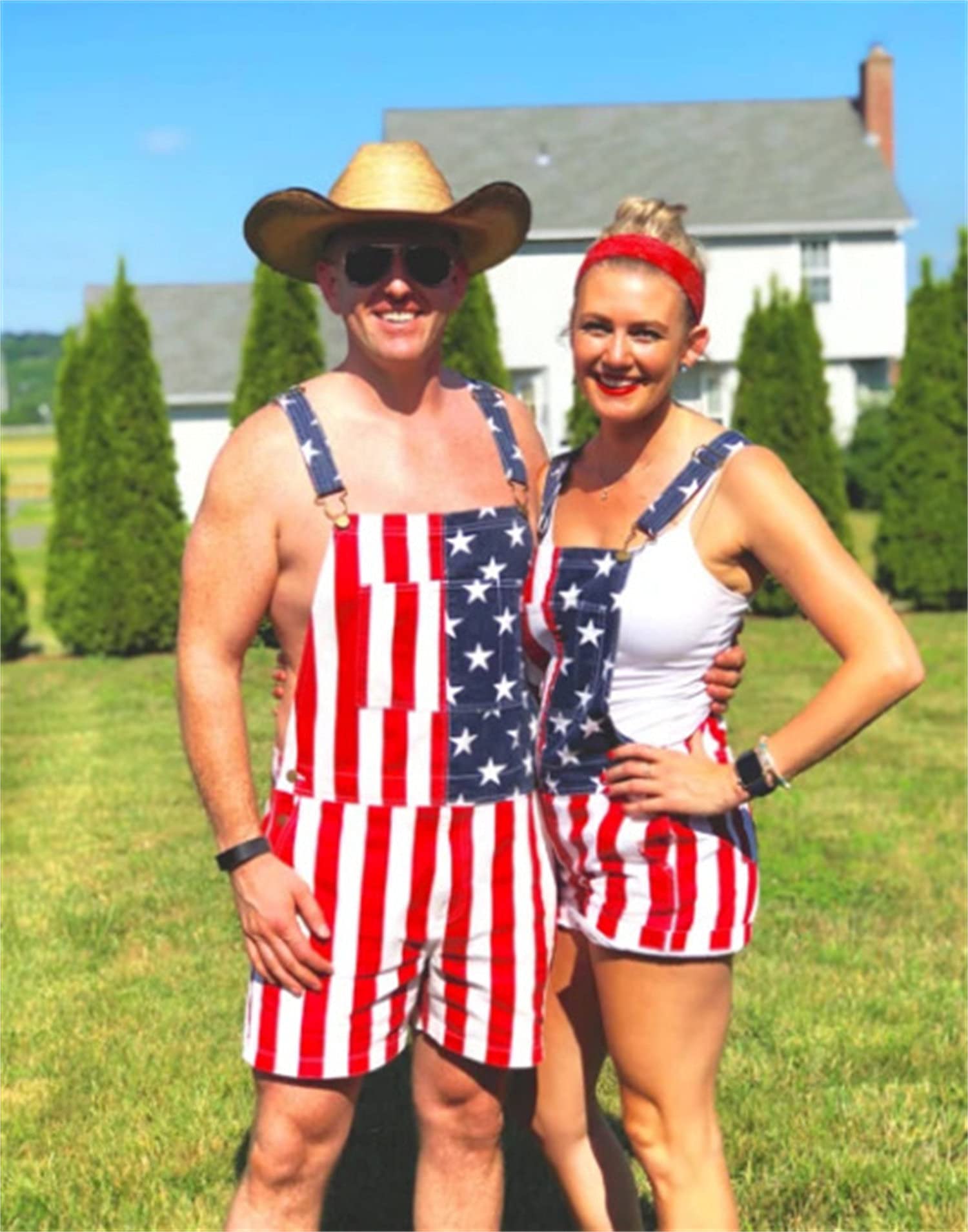 Men's Denim Overalls Shorts - Adjustable Strap Bib Romper with USA Flag Print & Pockets (Red, X-Large) - Perfect for Summer BBQ, 4th of July Parties & Casual Outings