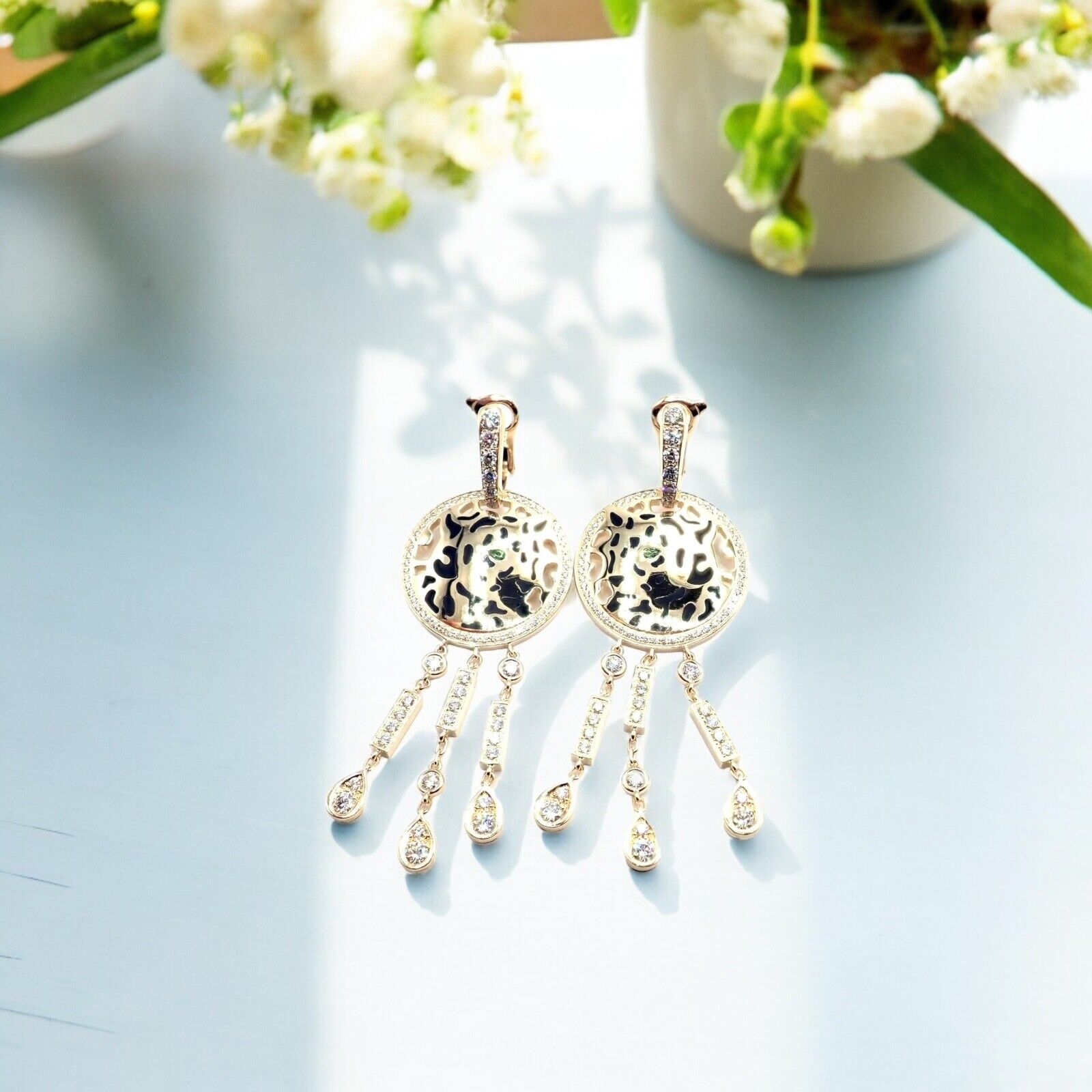 Authentic Cartier Panther 18K Yellow Gold Diamond Lacquer Tsavorite Earrings | Luxury Jewelry for Women | Perfect for Gifts, Parties & Special Occasions
