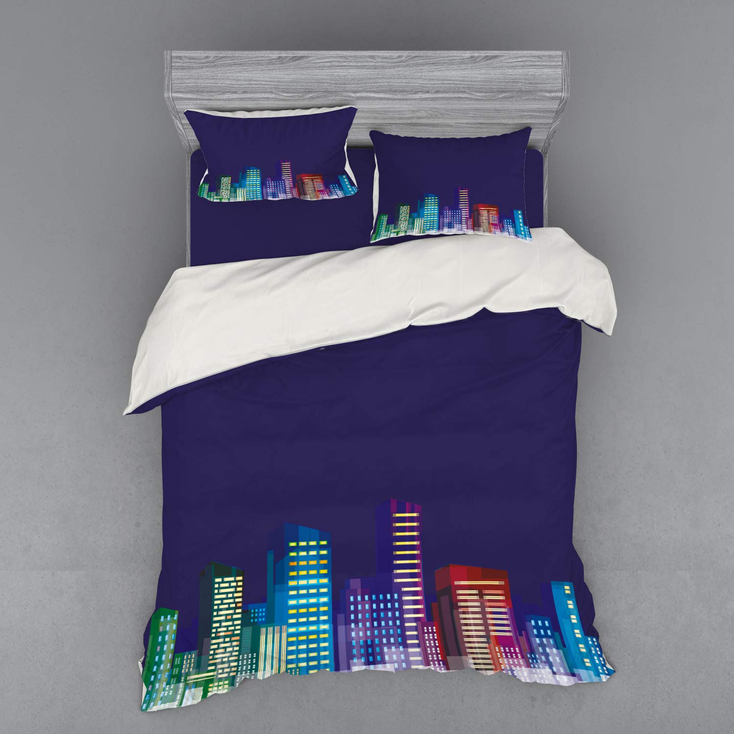 Ambesonne Cartoon Bedding Set - Cityscape Apartment & Building Art Print Duvet Cover, 3-Piece Queen Size with Sham & Fitted Sheet, Multicolor - Perfect for Urban-Themed Bedrooms & Modern Home Decor