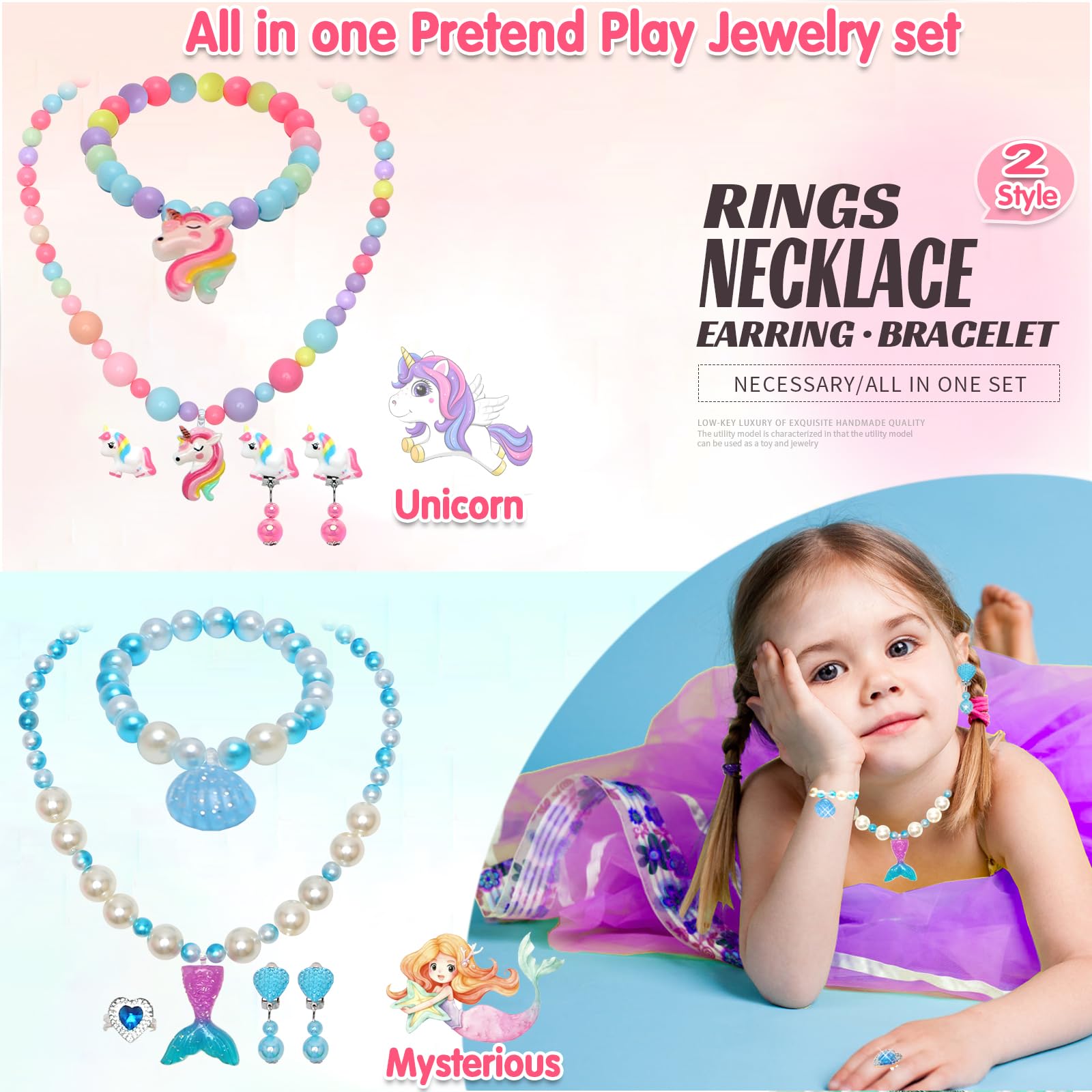 37PCS Princess Jewelry Set for Girls Age 3-9 - Adjustable Rings & Clip-on Earrings for Pretend Play, Dress Up & Role Play - Perfect Christmas & Birthday Gift for Toddler Girls (Ideal for Tea Parties, Princess Play & Dress-up Games)