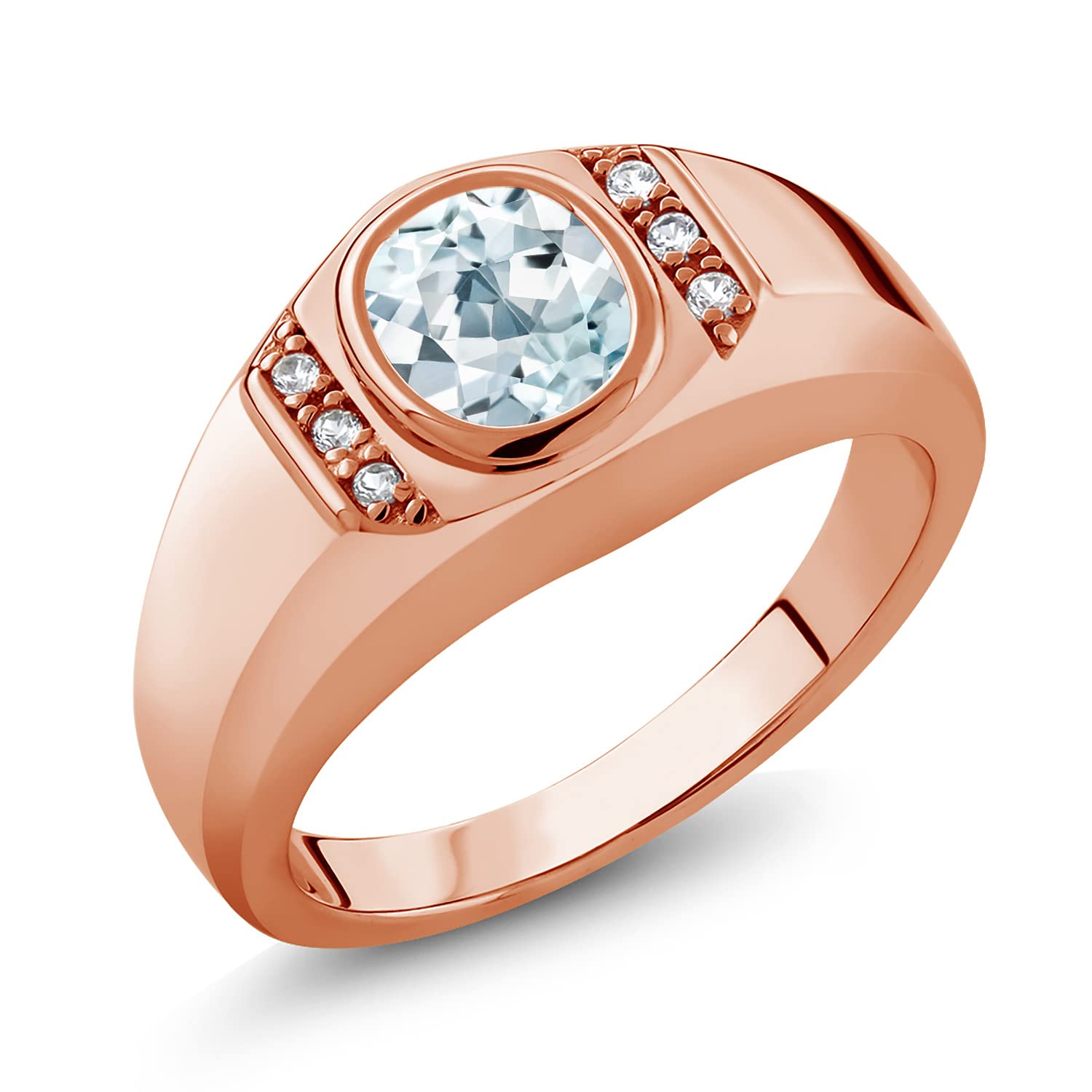 1.26 Ct Sky Blue Aquamarine & White Sapphire Men's Ring - 18K Rose Gold Plated Sterling Silver for Wedding, Engagement & Anniversary Gifts - Gem Stone King