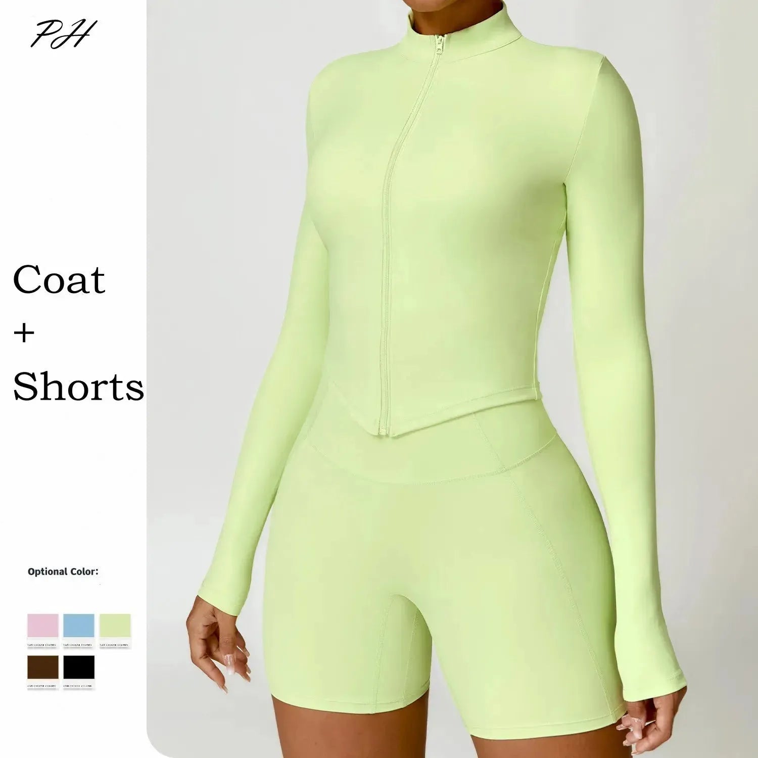 Women's Long Sleeve Quick Dry Yoga Outfit Set - Nude Zippered Sport Coat & Shorts for Fitness, Running & Workouts | Moisture-Wicking Activewear for Gym, Yoga & Outdoor Sports
