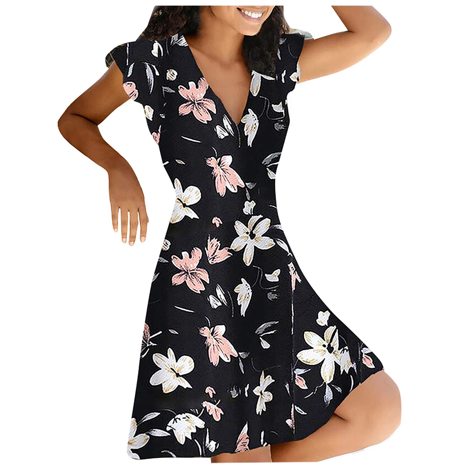 Women's Summer Romper Dress with Pockets - Short Front Long Back Zipper Print Shorts Dress | Casual Outfit for Beach, Vacation & Outdoor Activities