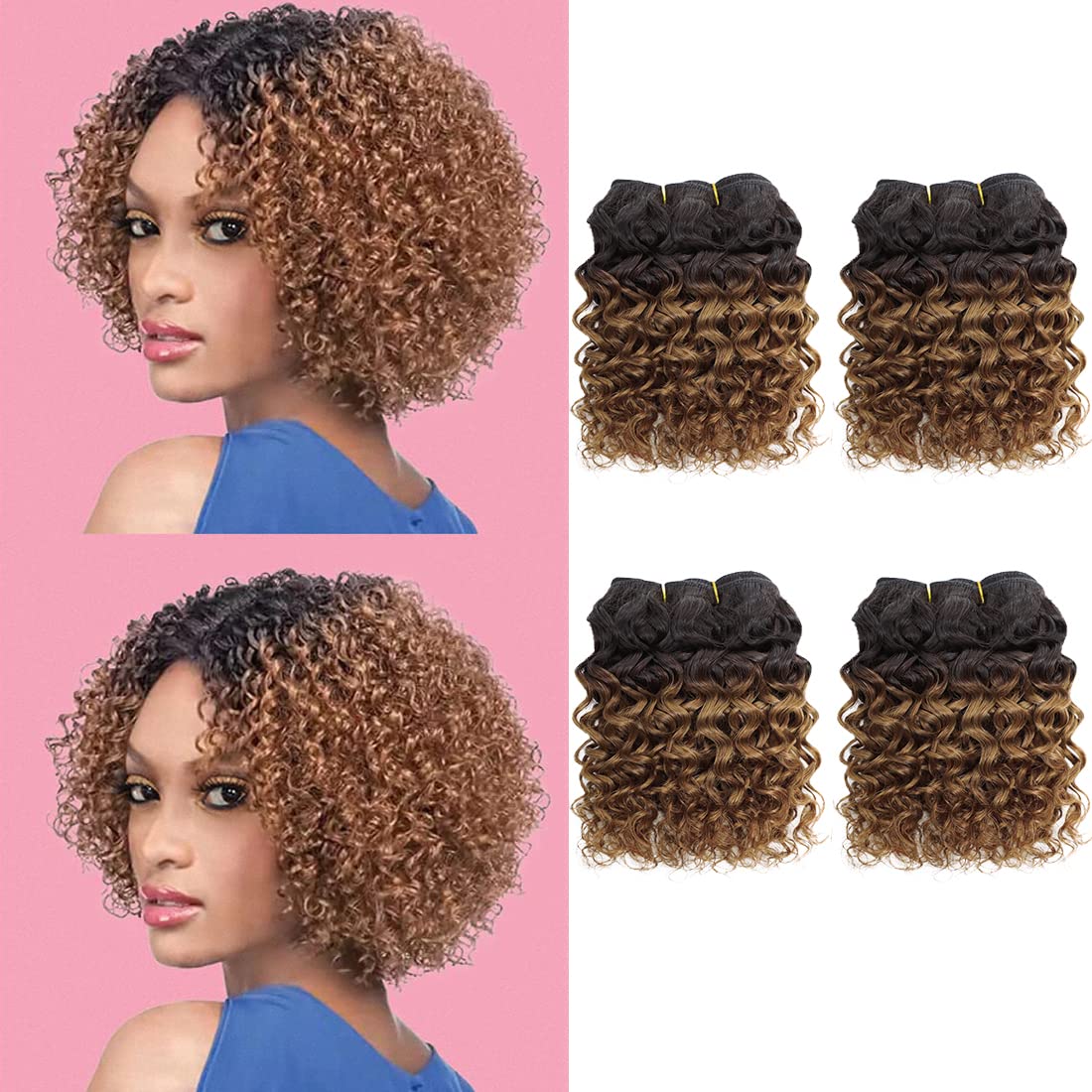 8 Inch Brazilian Virgin Human Hair Bundles - 4 Packs 1B/30# 12A Unprocessed Kinky Curly Weave Hair (55g/Bundle) for Natural Wet & Wavy Hairstyles - Perfect for Protective Styles, Weaves, Braids & Extensions