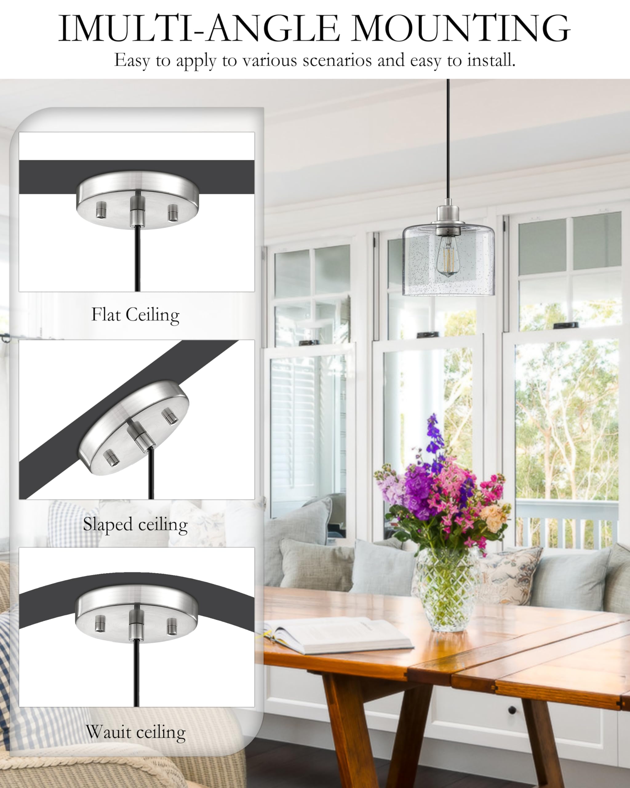 2 Pack Modern Kitchen Island Pendant Lights - 7.3 Inch Seeded Clear Glass with Brushed Nickel Finish - Farmhouse Hanging Light Fixture for Kitchen, Dining Room, Bedroom & Living Room - Perfect for Kitchen Islands, Breakfast Bars, and Home Decor Lighting