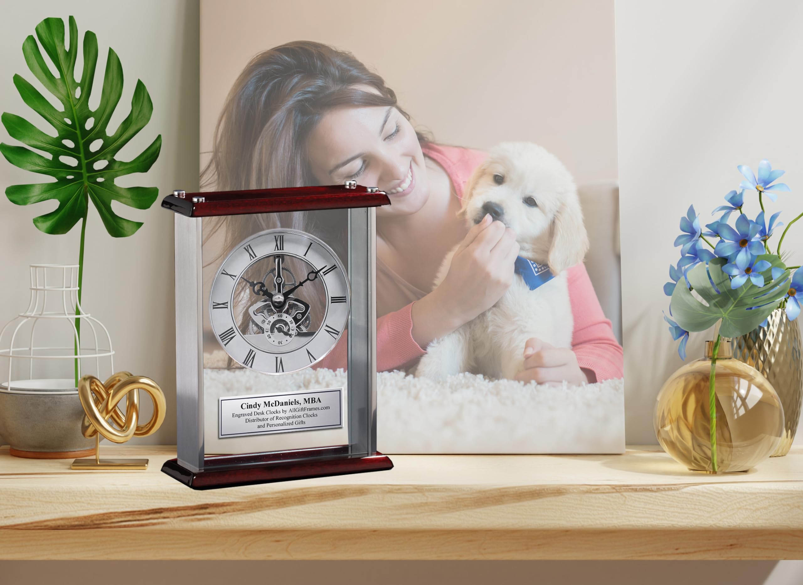 Personalized Engraved Desk Clock for Employee Recognition - Silver Engraving Plate, Large DaVinci Style with Glass Case, Chrome & Cherry Wood Base - Perfect Retirement Gift, Service Award, Office Decor
