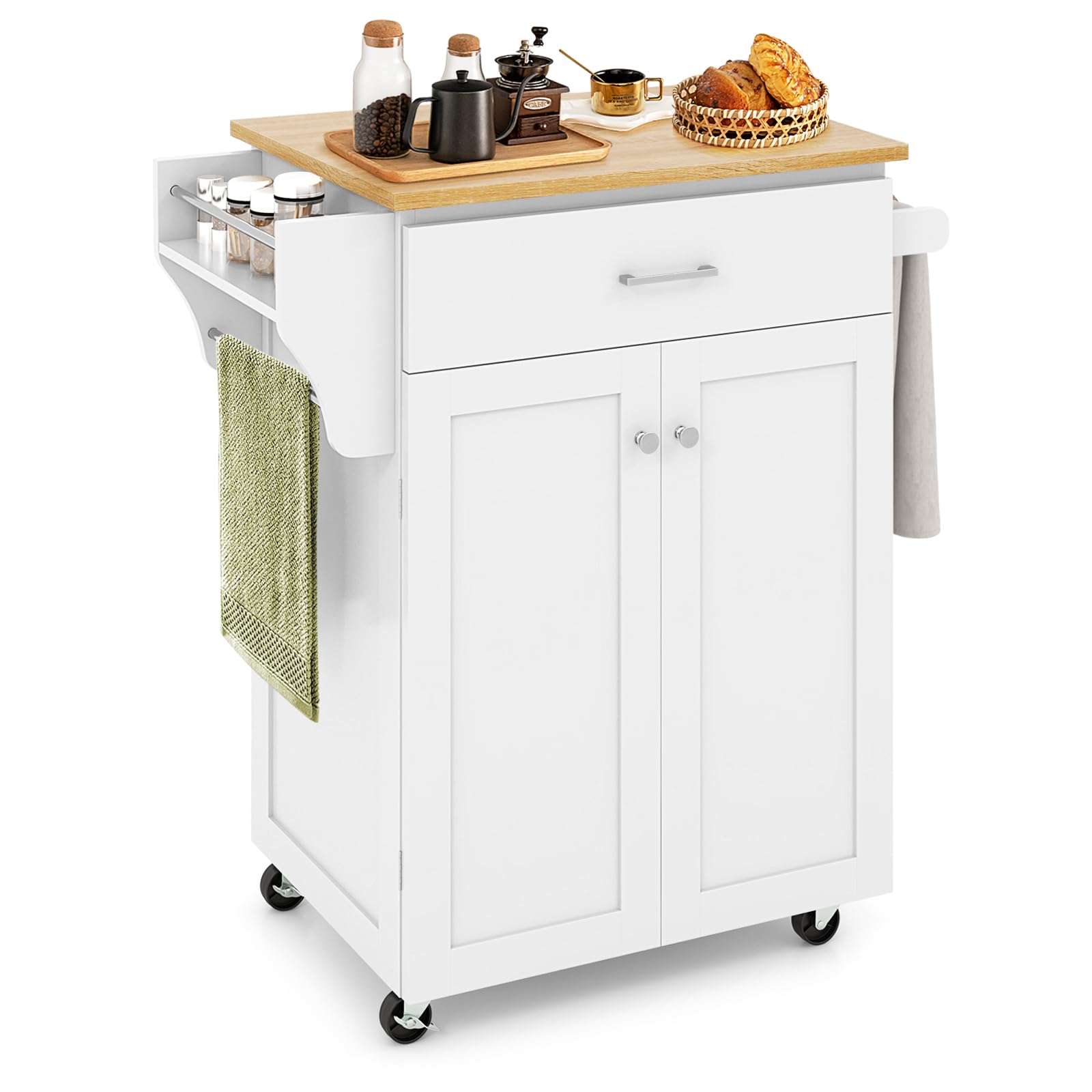 Giantex Rolling Kitchen Island with Spice Rack, Large Drawer & Adjustable Shelf - Mobile Kitchen Cart on Wheels for Storage & Organization - Perfect for Small Kitchens, Dining Rooms & Pantry Use (White)