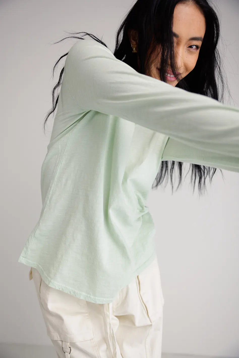 Long Sleeve V Neck T-Shirt in Mint Green - Soft Cotton Casual Top for Women | Perfect for Layering, Office Wear & Everyday Comfort