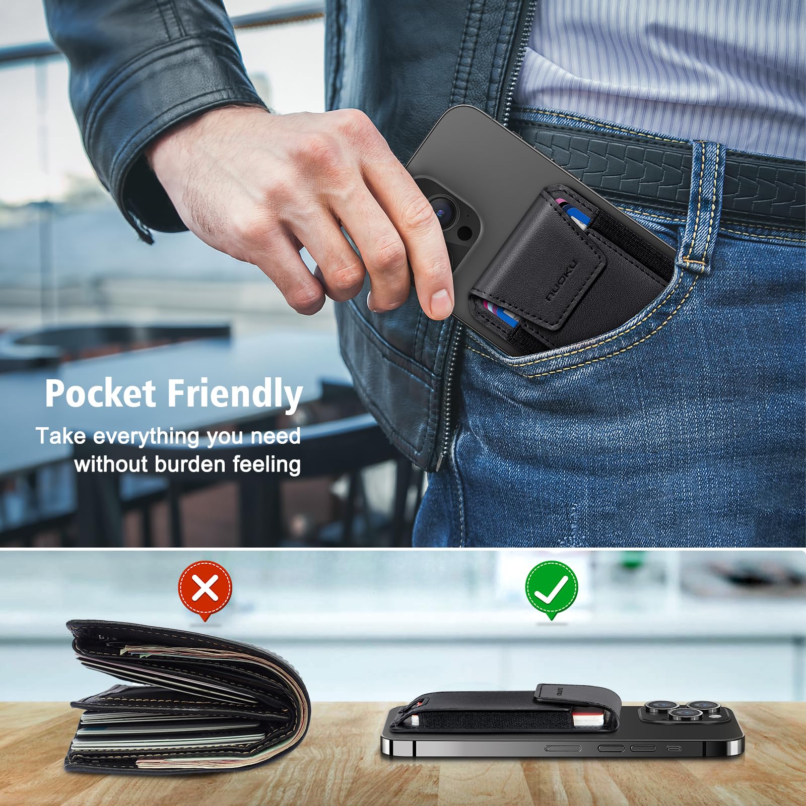Premium Genuine Leather Magnetic Phone Wallet for iPhone 15/14/13/12 Series | Magsafe Compatible Wallet with RFID Blocking & Privacy Flap | Holds 6 Cards (Excludes 13 Mini/12 Mini) | Perfect for Everyday Carry, Travel & Contactless Payments