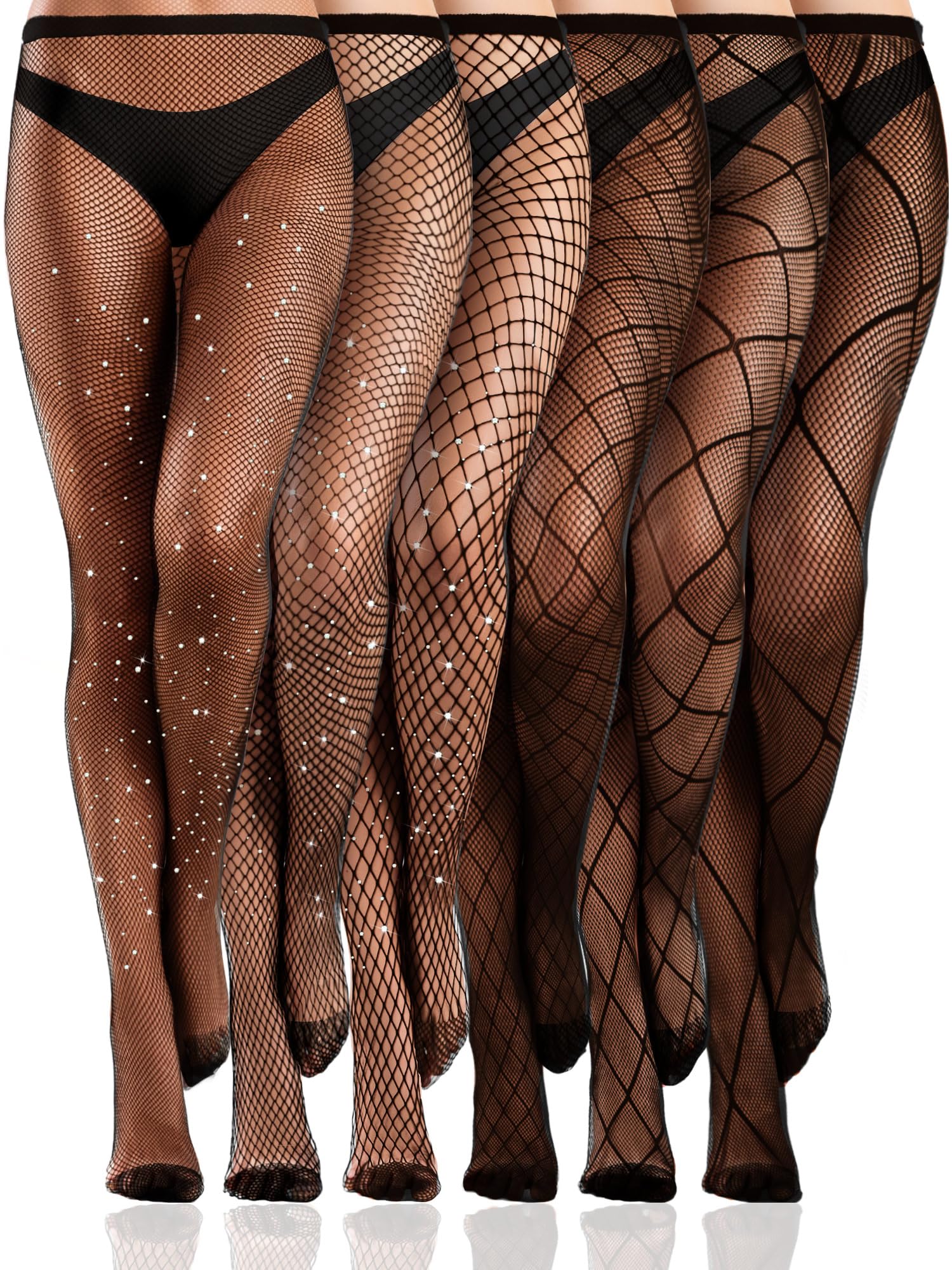 Ramede 6 Pairs Rhinestone Fishnet Stockings for Women - Thigh High Waist Sparkly Tights, Mesh Glitter Pantyhose for Halloween, Cosplay, Burlesque & Night Out