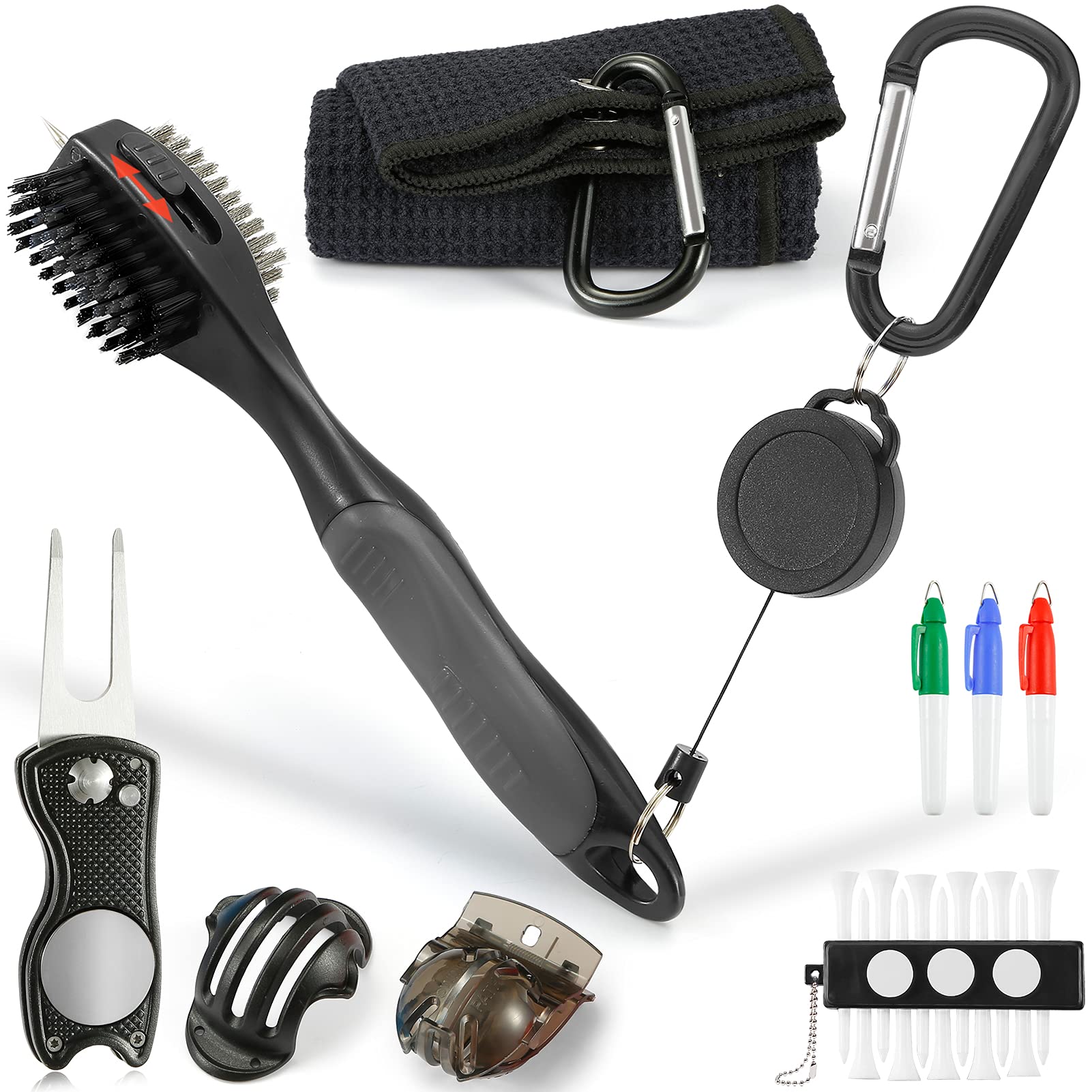 **Premium Golf Accessories Set - PRO Retractable Golf Club Brush, Microfiber Waffle Pattern Towel, Divot Repair Tool & Ball Marker - Complete Golf Club Cleaning Kit for Men - Perfect for On-Course & Driving Range Use**