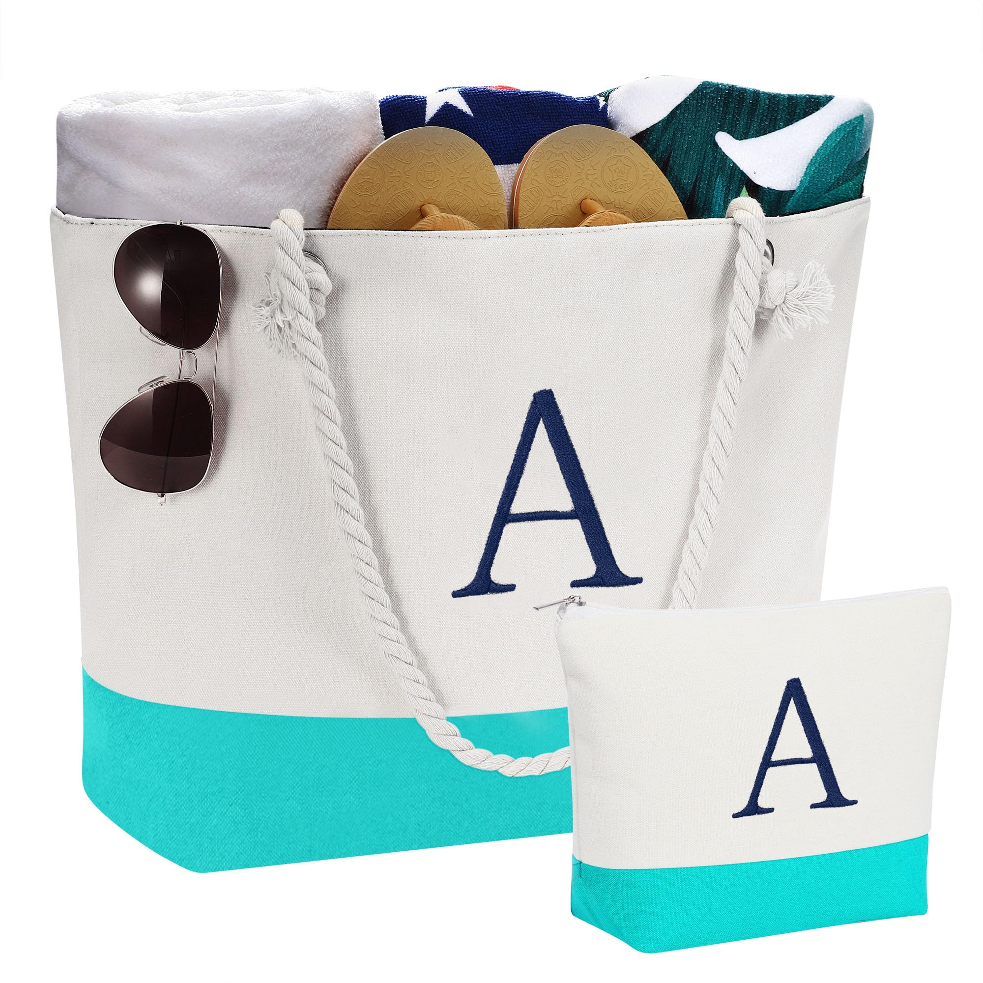Personalized Initial Canvas Beach Tote Bag & Makeup Pouch Set - Monogrammed Gifts for Women, Best Friend Birthday Present - Perfect for Vacation, Pool Day & Travel Accessories