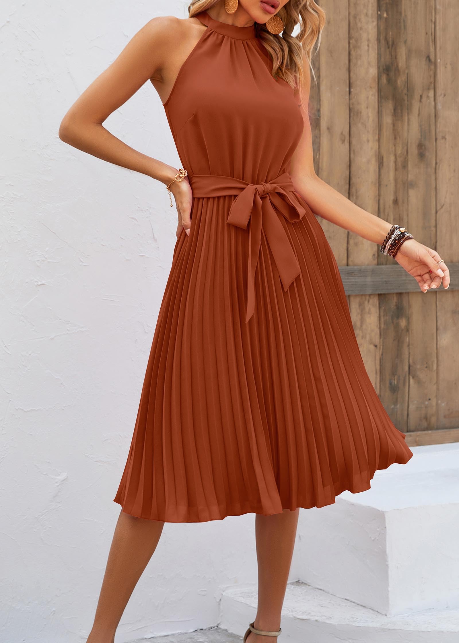 KIRUNDO Women's 2025 Summer Sleeveless Halter Neck Pleated Midi Cocktail Dress with Belt - A-Line Flowy Beach Sun Dress for Parties, Vacations & Outdoor Events
