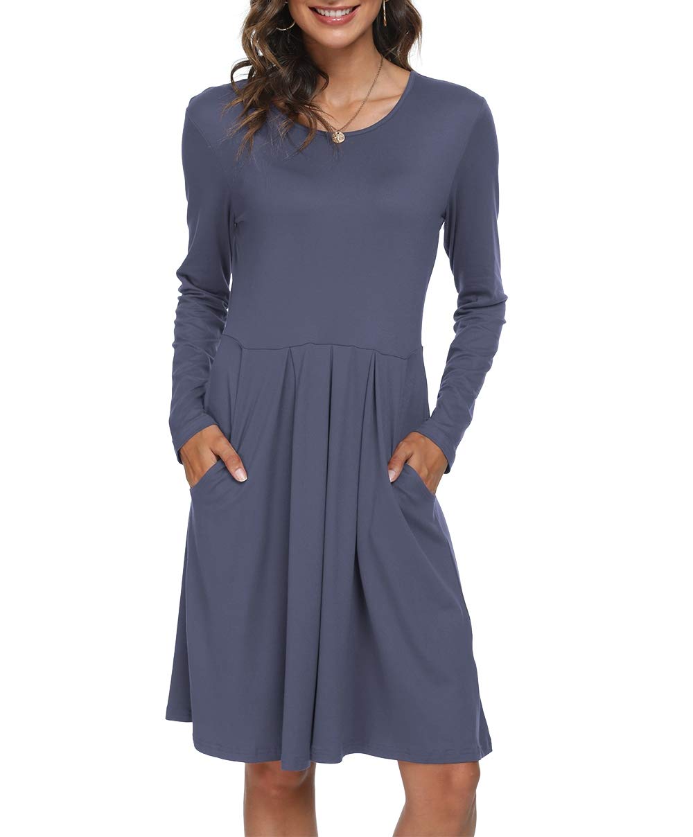 **DouBCQ Women's Casual Long Sleeve Flowy Pleated Fall Dress with Pockets – Elegant & Comfortable for Work, Parties, and Daily Wear**