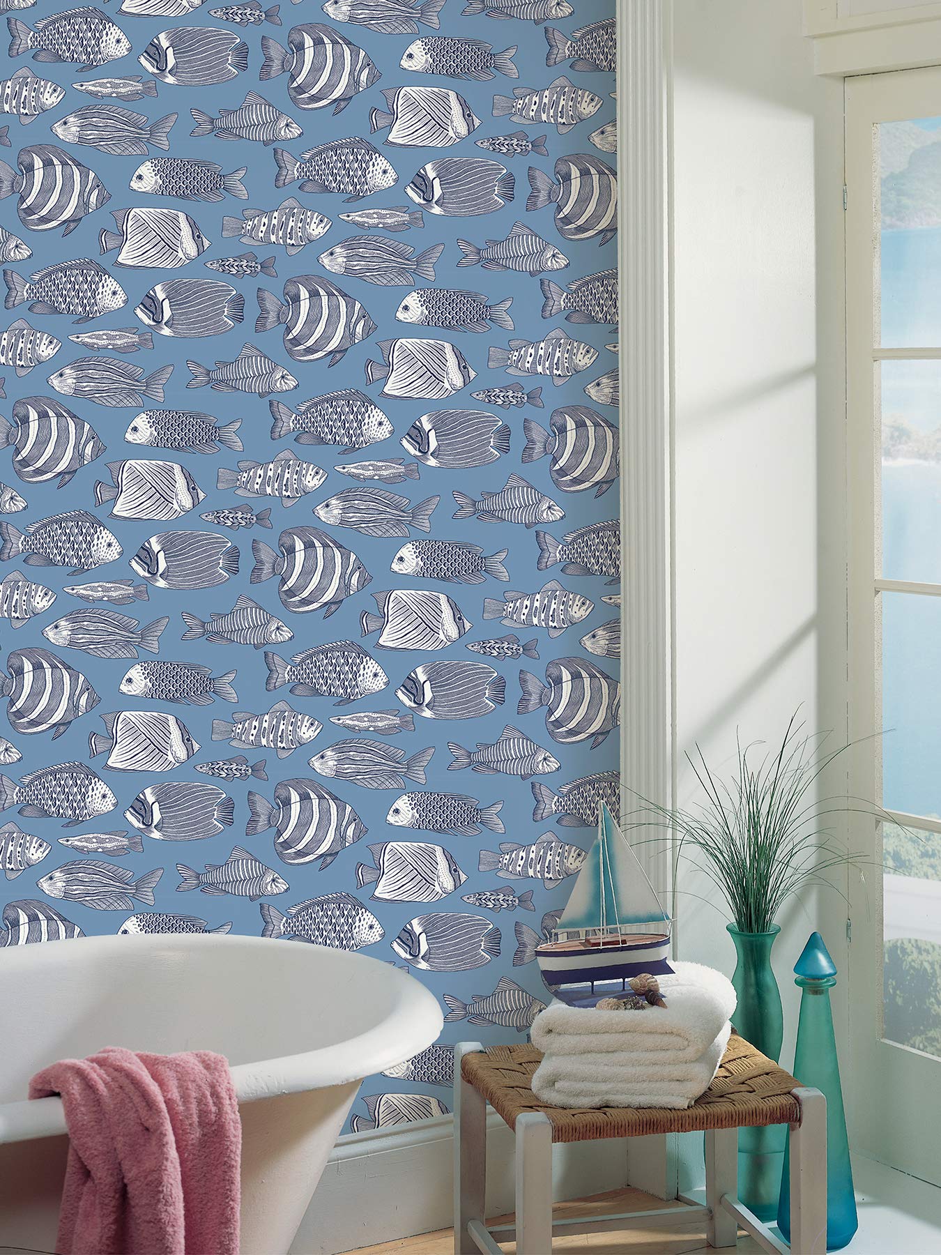 A-Street Prints Wailea Sky Blue Tropical School Wallpaper - Vibrant Island-Themed Classroom Decor for Kids & Teachers - Perfect for Nursery, Playroom, and Educational Spaces