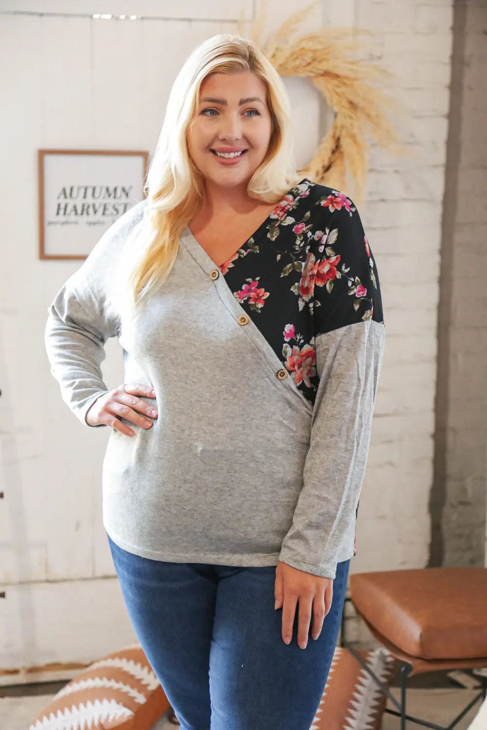 Elegant Grey & Black Floral Surplice Button Knit Top for Women - Casual Chic Blouse for Office, Date Night & Spring Outfits