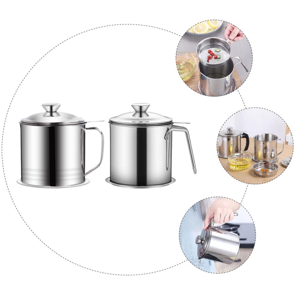 Hemoton 2-Pack Stainless Steel Grease Containers with Lids - Oil Strainer Pot for Kitchen, Cooking & Frying - Durable Food-Grade Storage for Used Cooking Oil, Drippings & Grease - Ideal for Restaurants, Home Kitchens & Outdoor BBQ