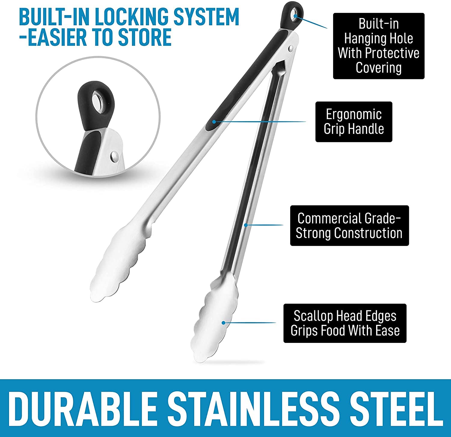10 Inch Stainless Steel Kitchen Tongs with Scallop Head Edge - Heavy Duty BBQ Grill Tongs with Lock & Easy Grip - Perfect for Cooking, Grilling, Serving Salads & Outdoor Barbecues