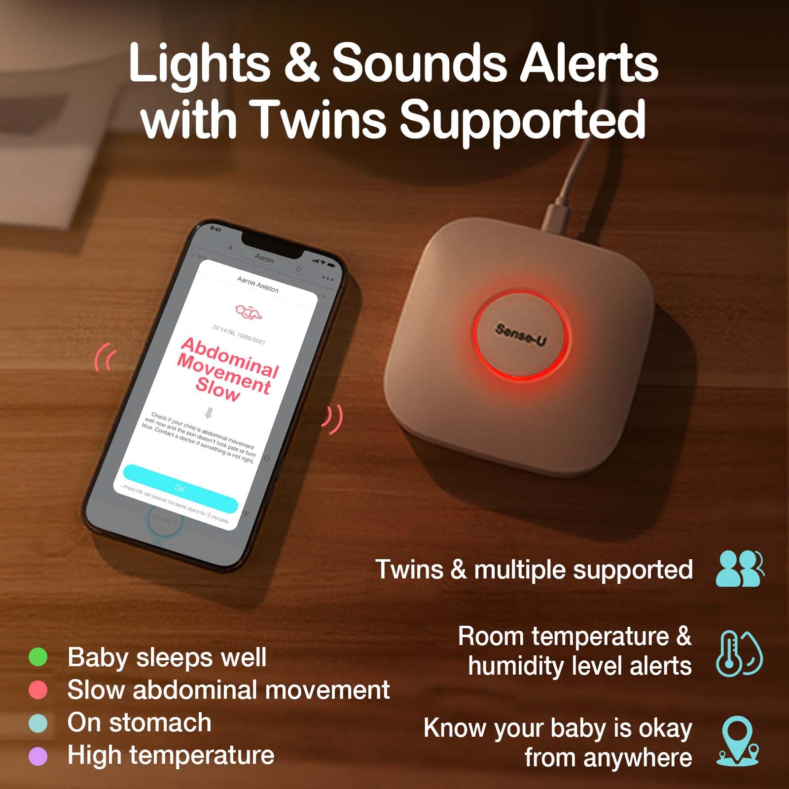 Sense-U Smart Baby Monitor Pro with Long Range, Arousal Vibration & App Alerts – Tracks Breathing, Rollover, Sleep Position & Temperature – Wearable Infant Sleep Tracker for Peace of Mind at Home or Travel