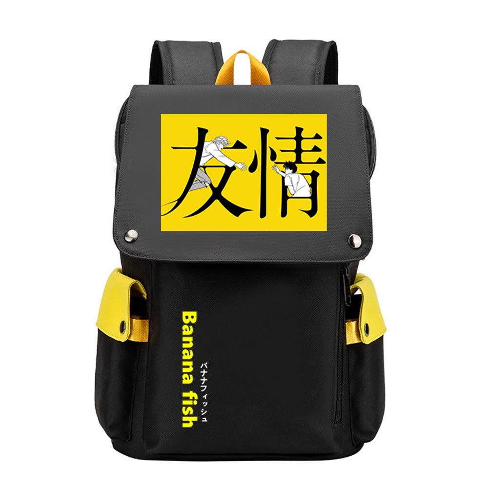 BANANA FISH Anime School Backpack for Girls & Boys - Large USB Charging Laptop Backpack with Flap Design, Ash Lynx Travel Daypack for College, Work & Outdoor Adventures