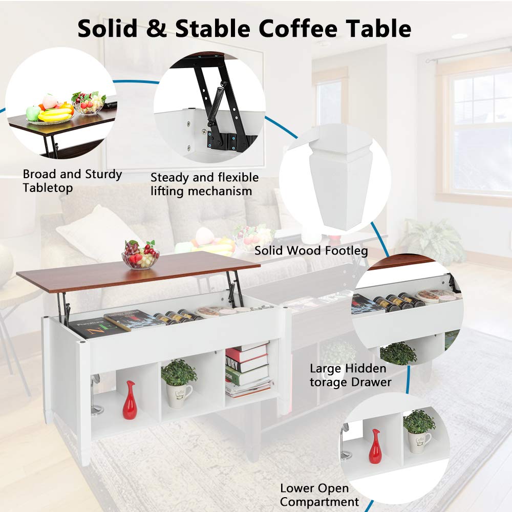 Modern Lift Top Coffee Table with Hidden Storage - White Wooden Living Room Furniture for Small Spaces | Convertible Desk & Organizer for Home Office, Dorm, Apartment