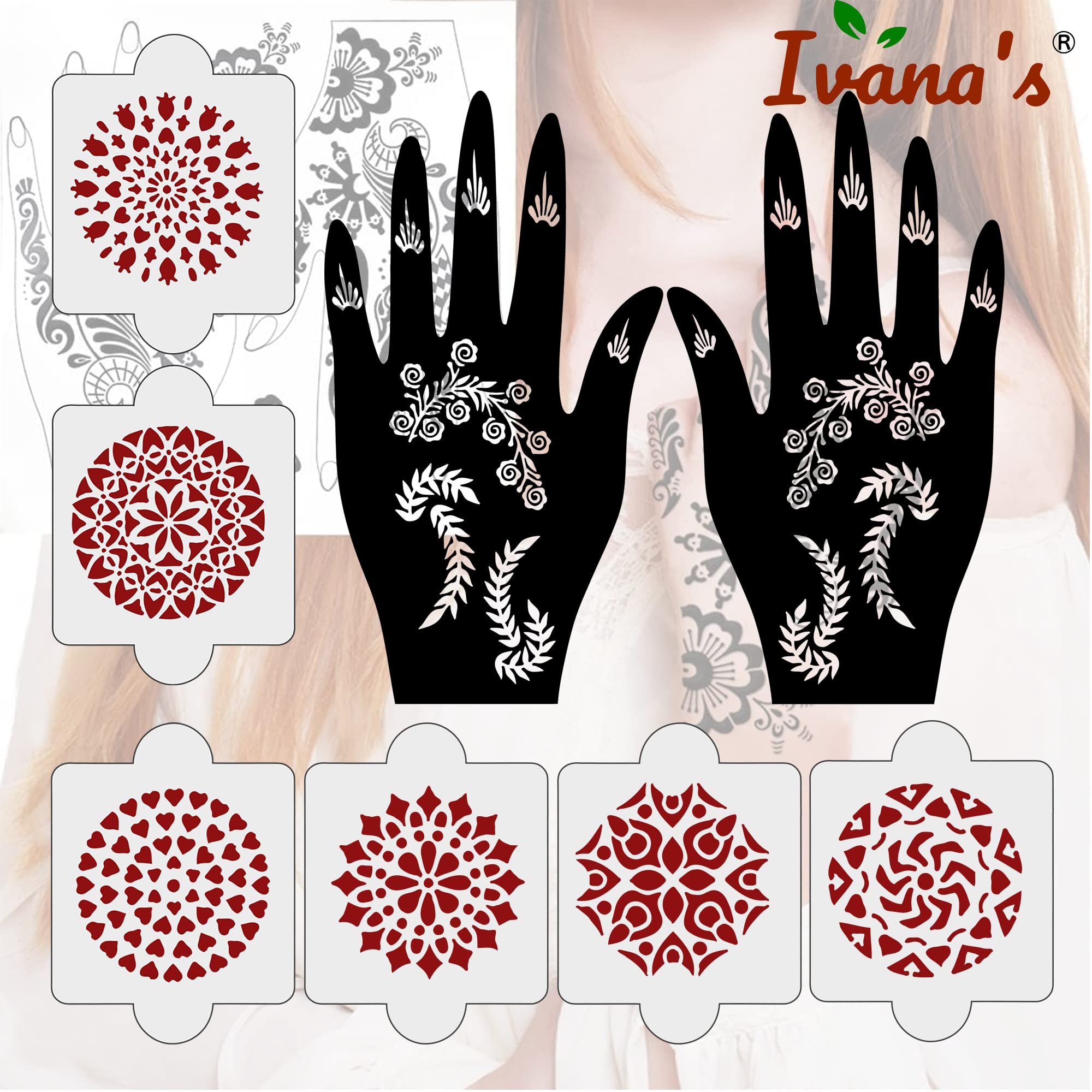 8-Piece Henna Tattoo Stencil Kit (2 Henna Stencils + 6 Reusable PVC Laser-Cut Templates) - Easy DIY Mehndi Designs for Hands - Perfect for Women, Girls & Kids - IVH-39 - Great for Weddings, Festivals & Special Occasions