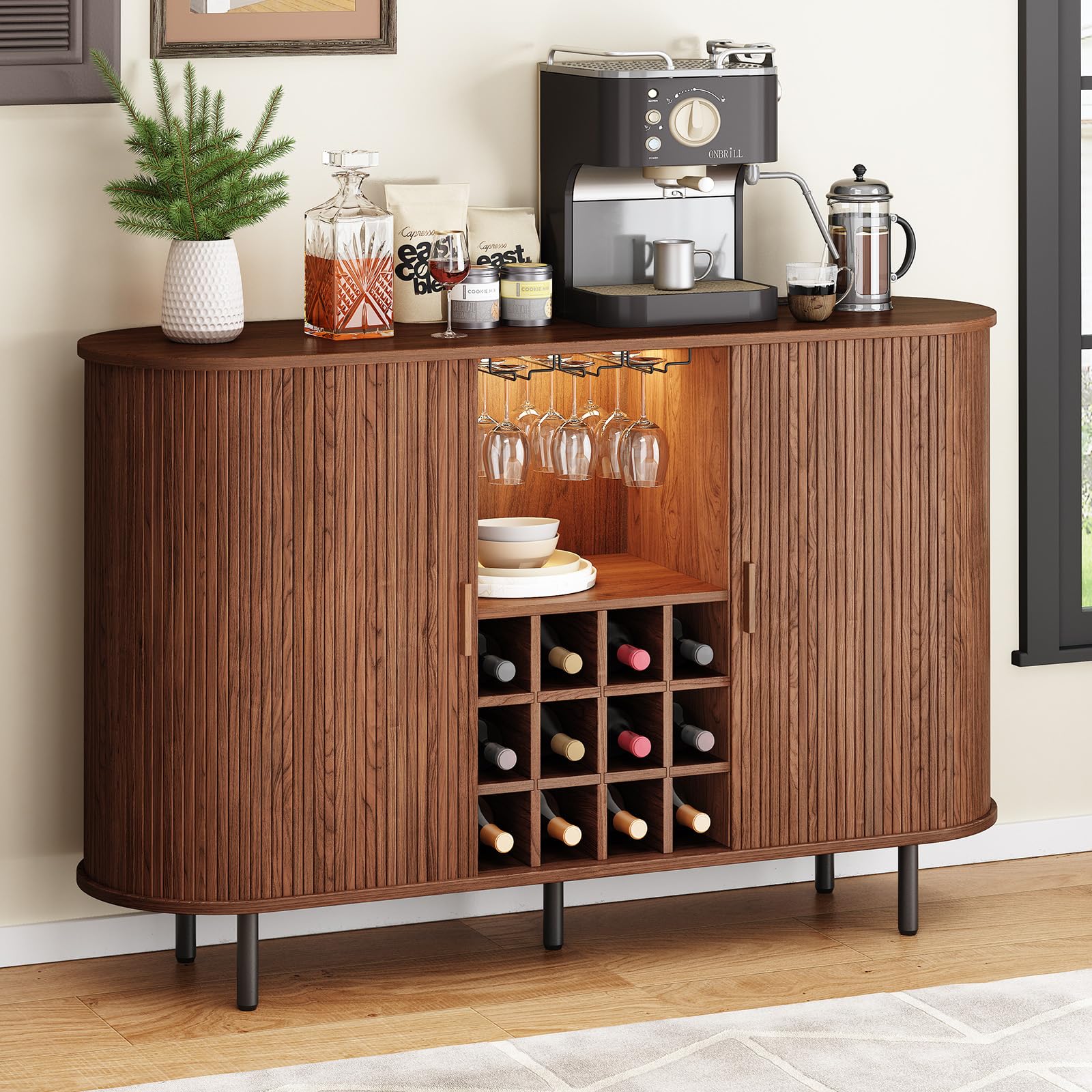 Modern LED Wine Bar Cabinet with Whiskey & Coffee Station - Farmhouse Walnut Buffet Sideboard with Wine Rack, Glass Holder & Storage for Living Room, Kitchen, Entryway - Perfect for Home Entertaining & Dining Room Decor (Walnut)