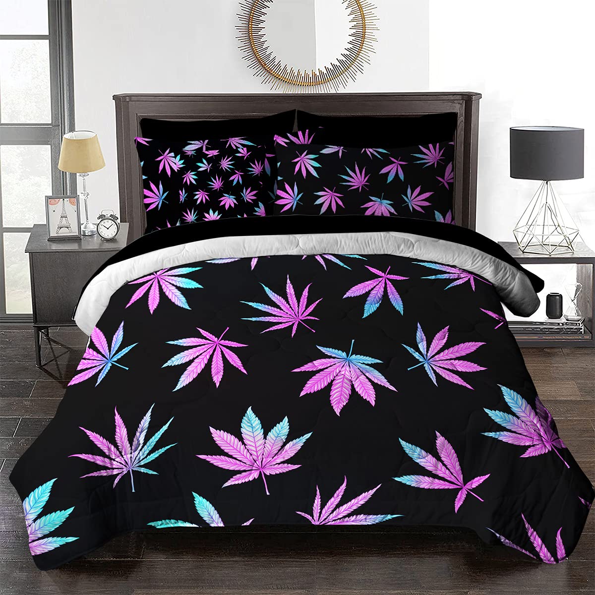 BlessLiving 8-Piece Marijuana Leaf Queen Comforter Set - Purple Blue Cannabis Themed Bedding with Comforter & Sheets | All-Season Down Alternative Bedding for Adults | Perfect for Stoner Lifestyle, Dorm Rooms & Hippie Decor