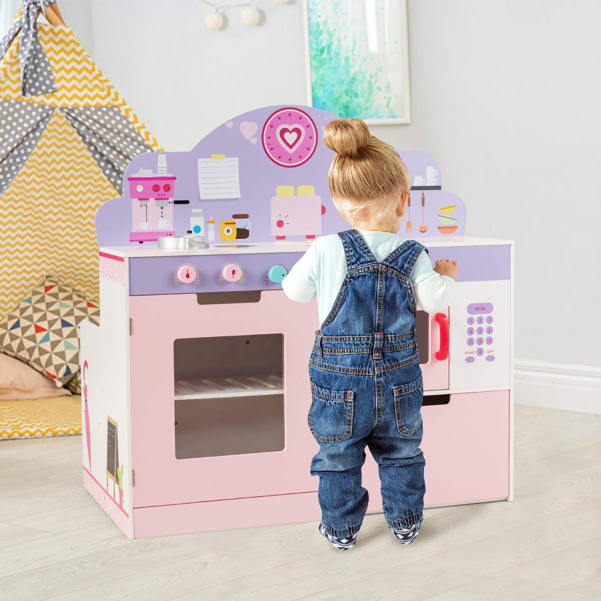 Costzon 2-in-1 Kids Play Kitchen & Wooden Pretend Cafe Set with Stove, Oven, Microwave & Storage - Interactive Cooking Toy for Toddlers & Preschoolers - Perfect for Role Play, Birthday Gifts & Indoor Pretend Play (Pink)
