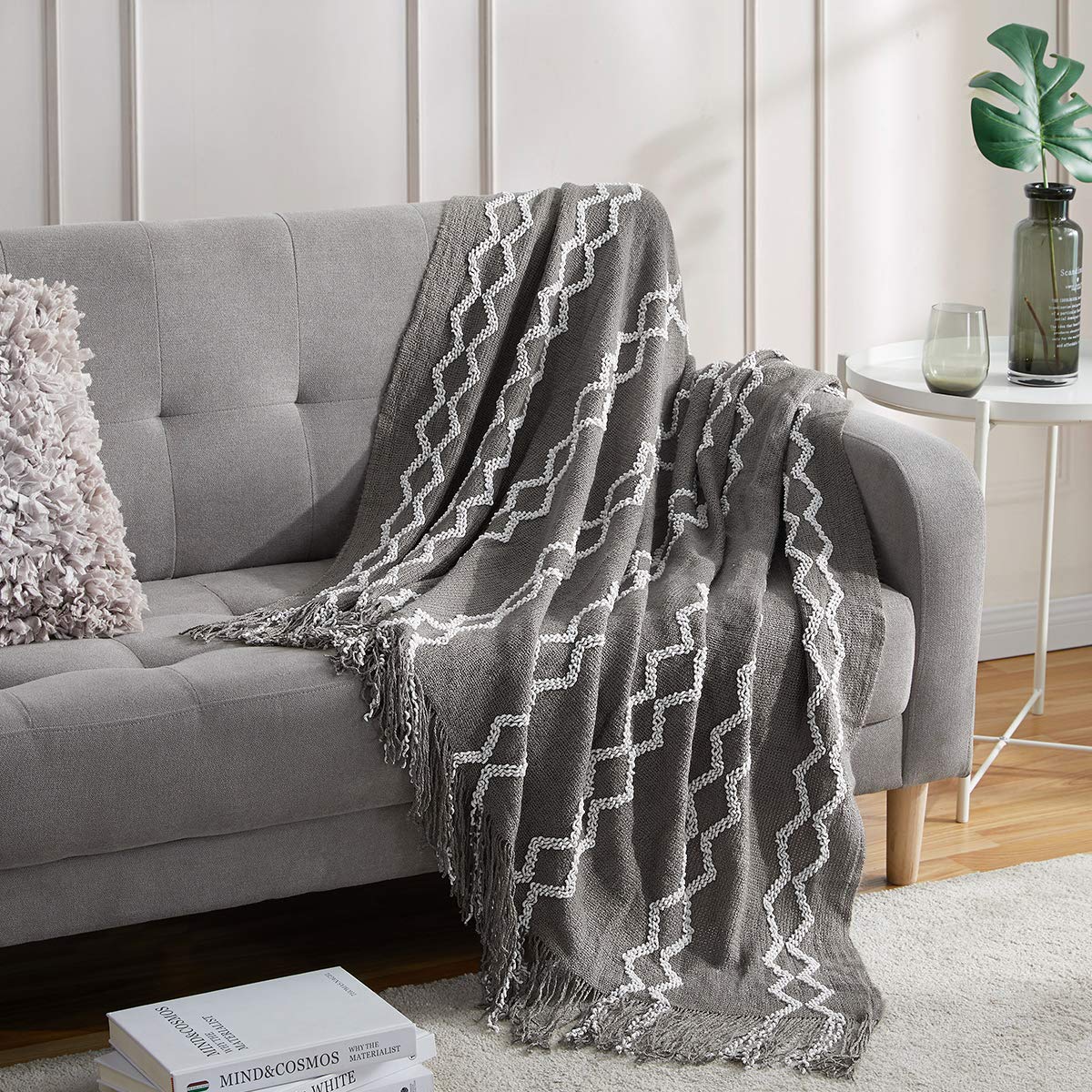 BOURINA Fluffy Chenille Knitted Fringe Throw Blanket - Lightweight Soft Cozy Bed Sofa Chair Blanket - 60