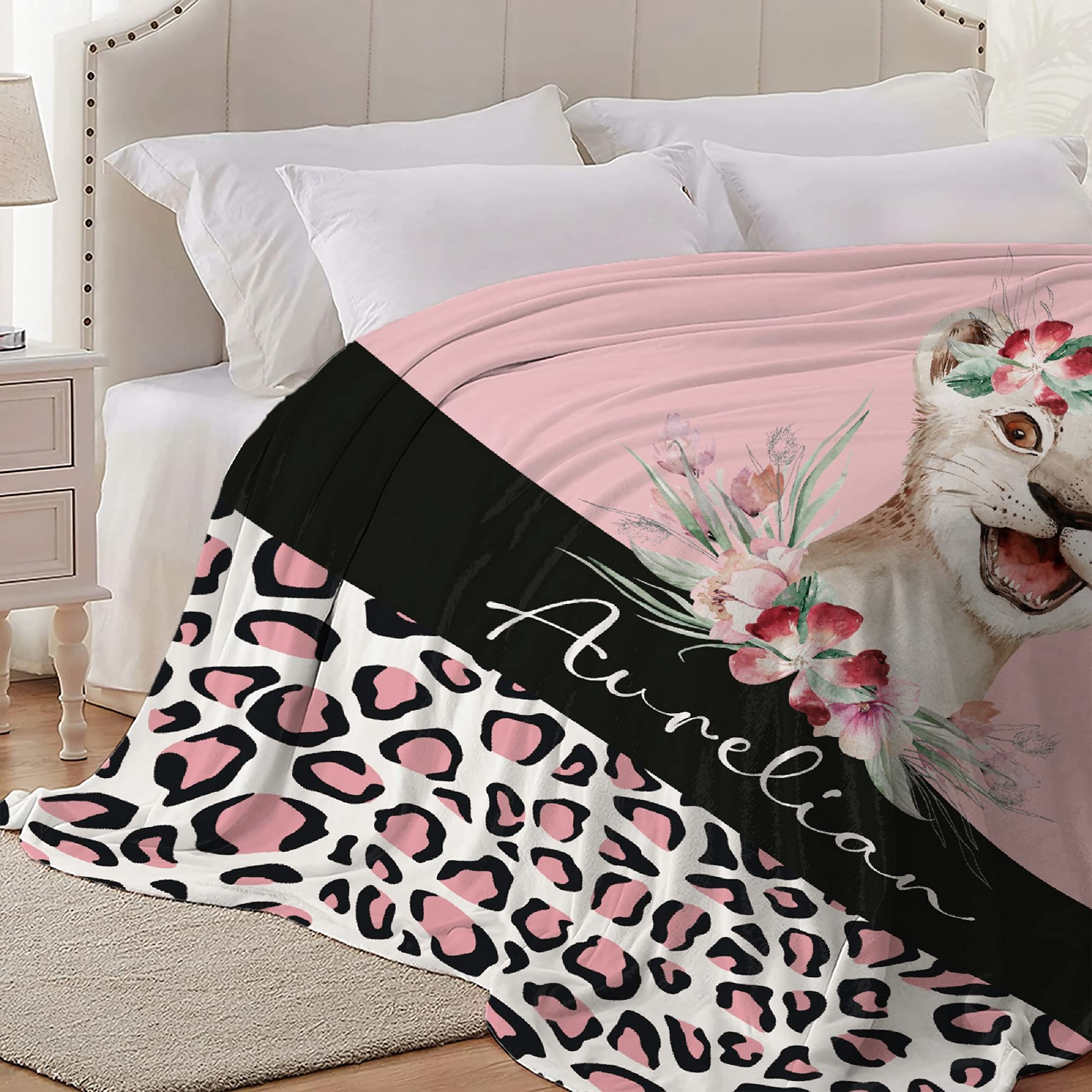 Personalized Baby Blanket with Name - Custom Leopard Lion Fleece Throw Blanket for Boys & Girls - Large 120