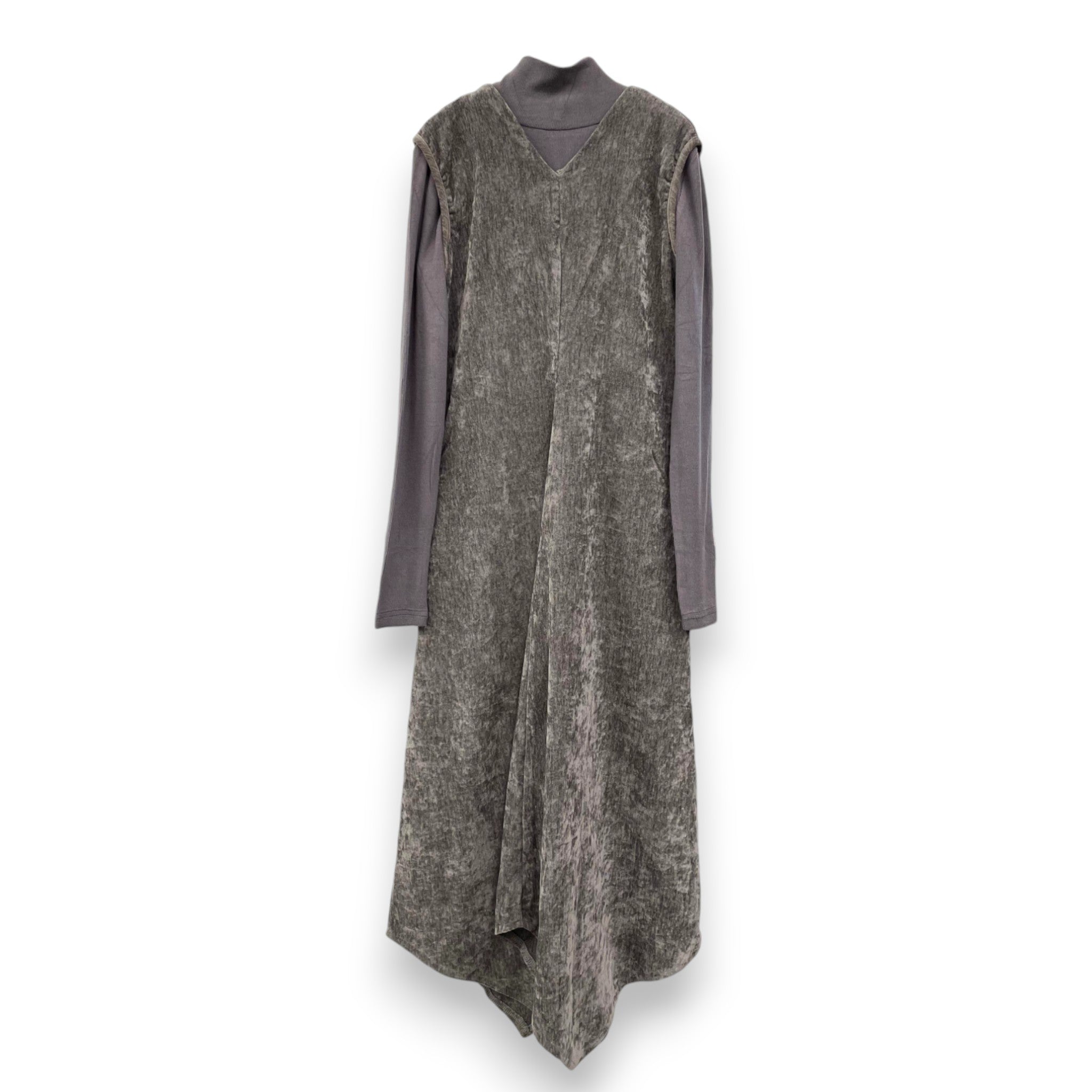 Elegant Grey Crushed Velvet V-Neck Dress with Asymmetric Hemline & Turtleneck 2-Piece Set | Women's Fashion Outfit for Party, Date Night & Special Occasions