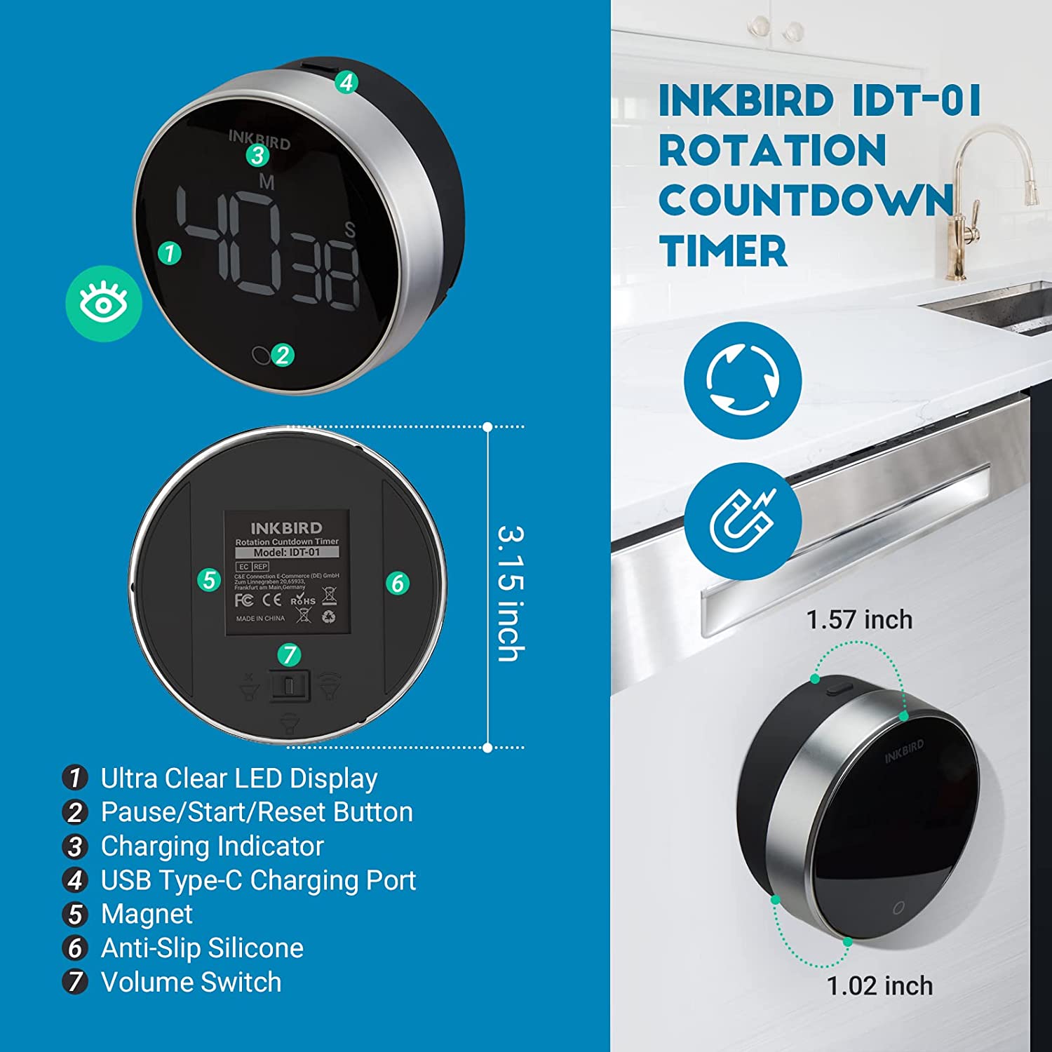 Digital Kitchen Timer IDT 01 - Countdown & Alarm Cooking Timer for Baking, Grilling, and Meal Prep | Magnetic Back & Large Display