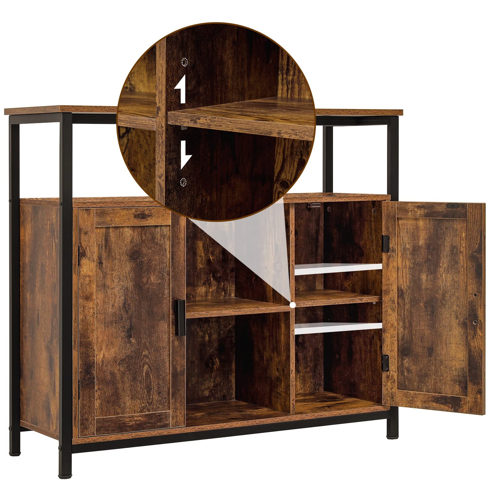 Rustic Brown 2-Door Storage Cabinet with Adjustable Shelves & Open Compartment - Buffet Sideboard for Dining Room & Living Room | Perfect for Home Organization, Kitchen Storage & Displaying Decor