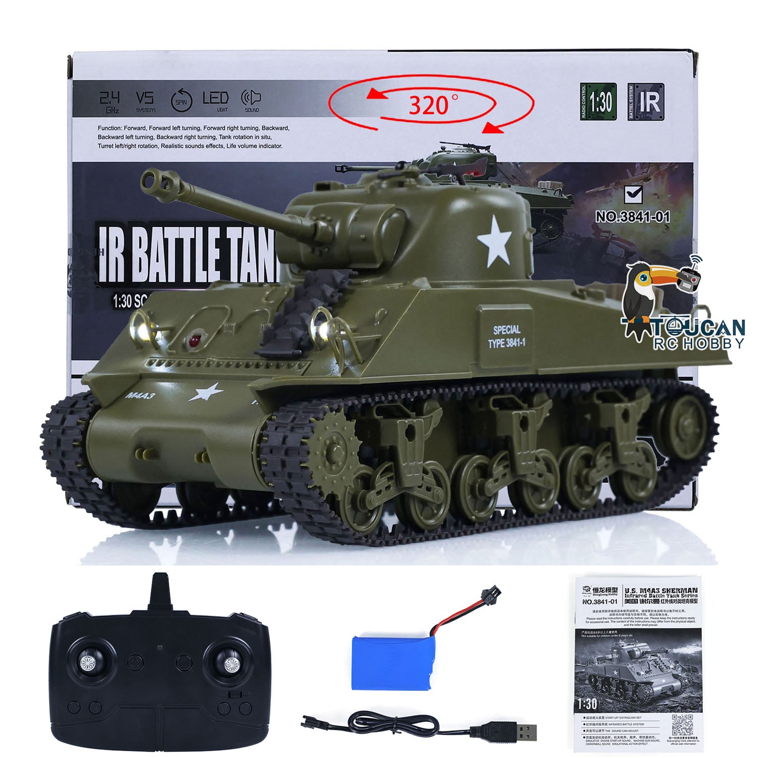 Heng Long 1/30 Scale Plastic RC Battle Tank - Remote Control Panzer Sherman M4A3 3841-01 with 2.4G Infrared Combat System (US Stock) - Perfect for Military Enthusiasts, Collectors & RC Hobbyists