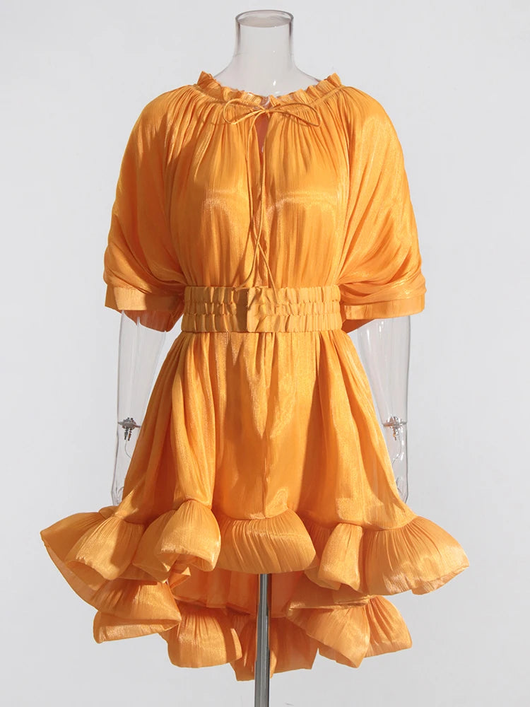 Women's Asymmetrical High Waist Pleated A-Line Mini Dress - Round Neck Short Sleeve Summer Casual Dress for Date Night, Party & Vacation