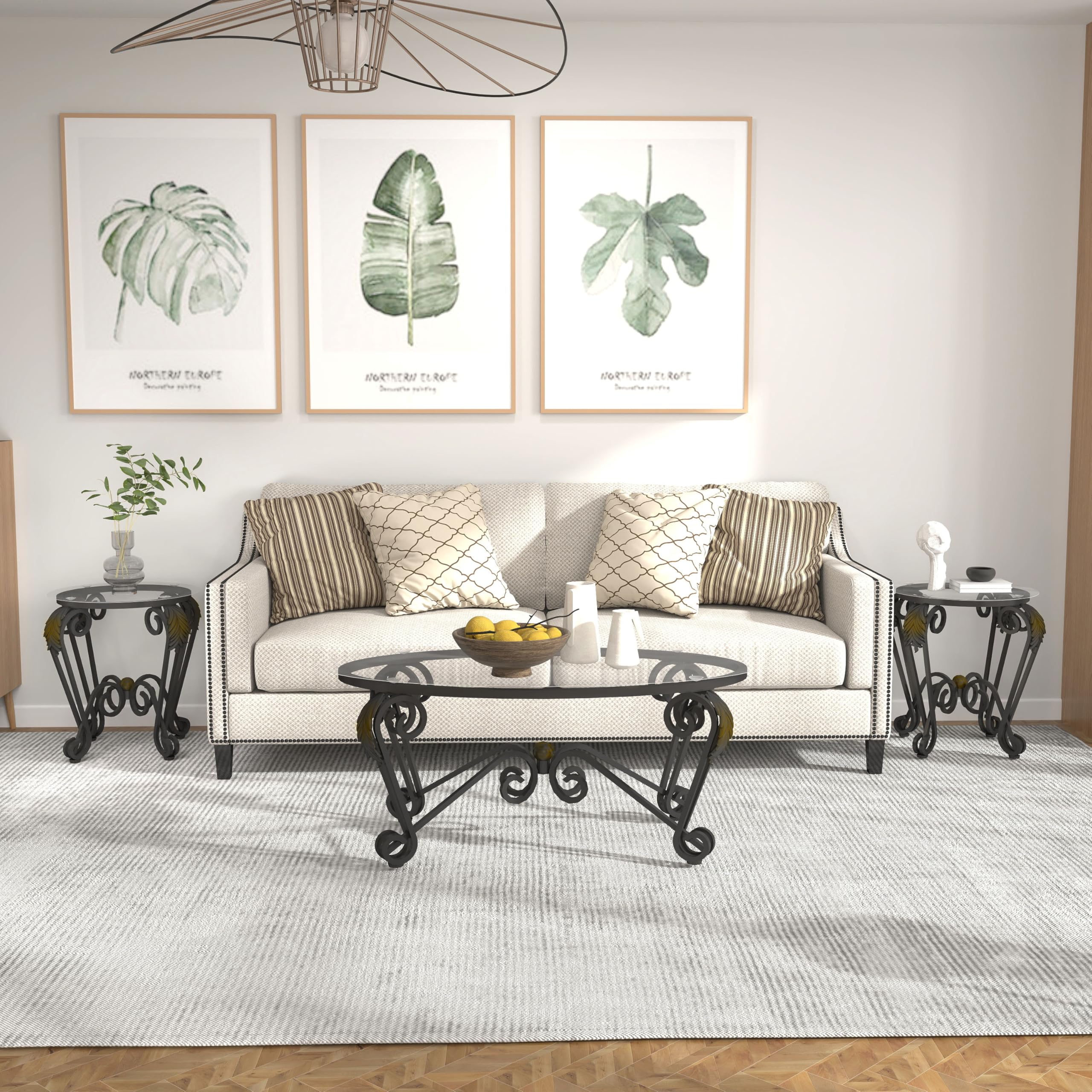 **Industrial Farmhouse 3-Piece Coffee Table Set - Tempered Glass Elliptical Coffee Table & 2 Round Side Tables, Modern Metal Frame for Living Room, Apartment, Home Office (Rustic Black) - Perfect for Cozy Gatherings & Stylish Home Decor**