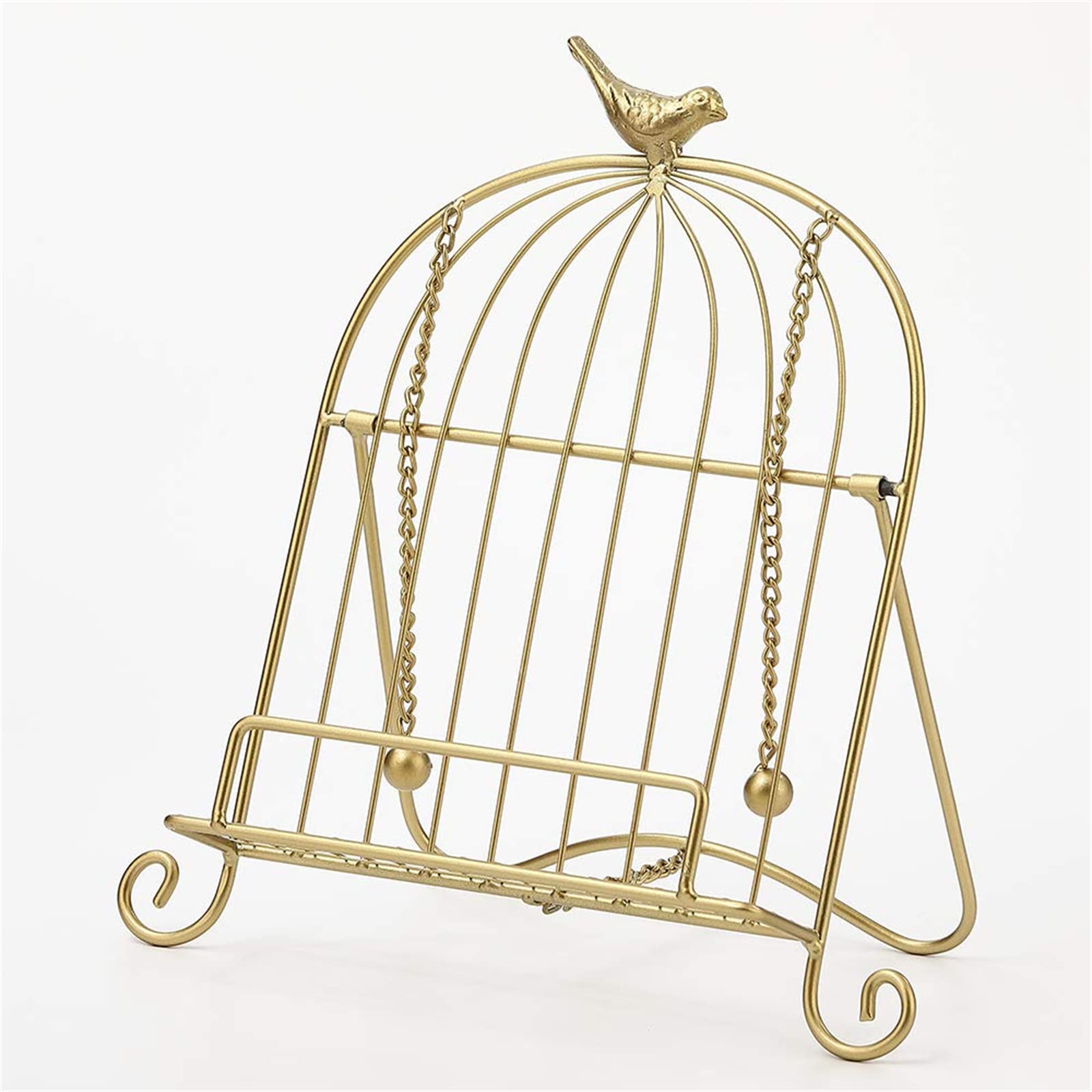 Gold Birdcage Metal Cookbook Holder Stand - Kitchen Counter Recipe Book & Tablet Display Stand - Perfect for Reading Cookbooks, Recipes, and Tablets - Ideal for Kitchen Organization and Cooking Convenience