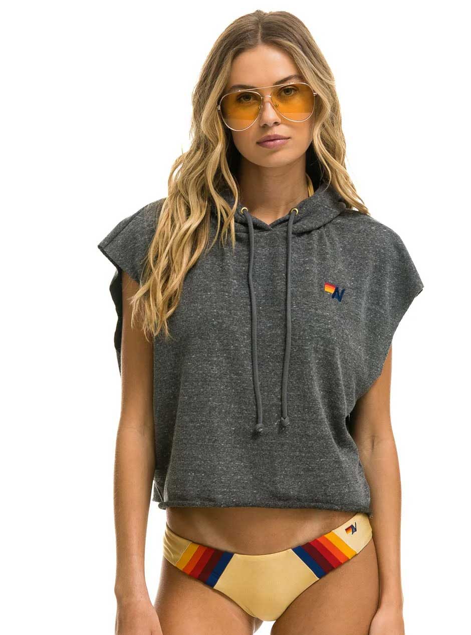 Aviator Nation Women's Cropped Hoodie - Embroidered Logo Sleeveless Pullover | Soft Heather Grey | Casual Wear, Gym, Lounge, Street Style