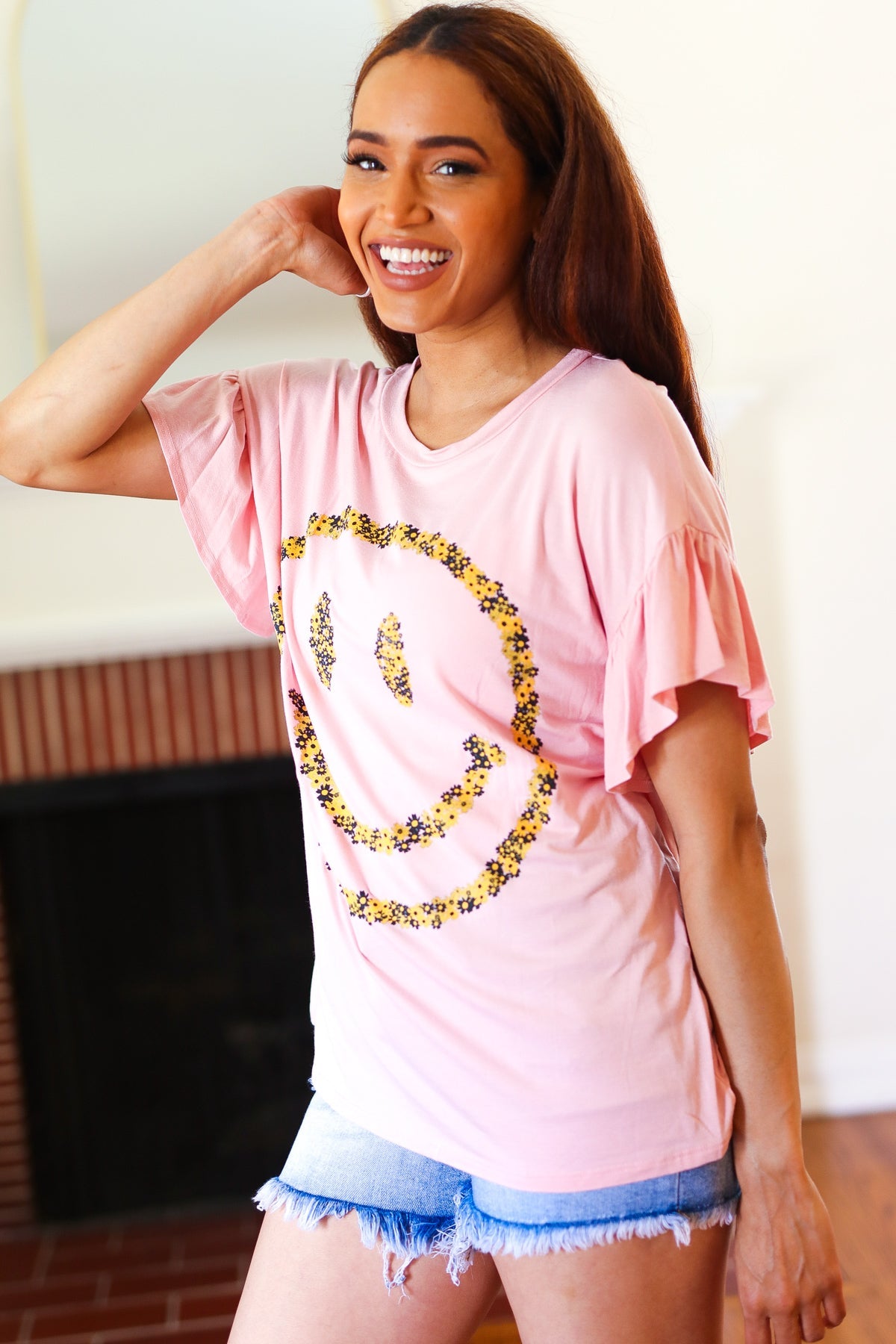 Live For Today Pink Floral Smiley Face Flutter Sleeve Tee - Women's Cute Graphic T-Shirt for Casual Wear, Summer Outfits & Street Style Fashion